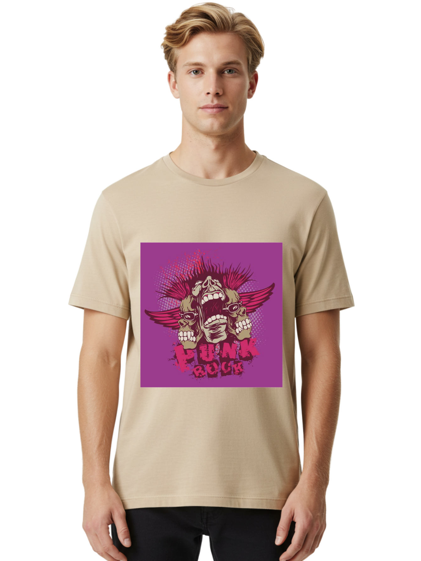 Punk Rock Men'S Graphic Tee, 100% Cotton, Comfortable Casual Summer Wear, Machine Washable, Punk Rock, Screaming Skulls, Mohawk Hair, Punk Style, Grunge Aesthetic, Bold Graphics, Skull Art, Edgy Design, Alternative Culture, Punk Fashion Aae601