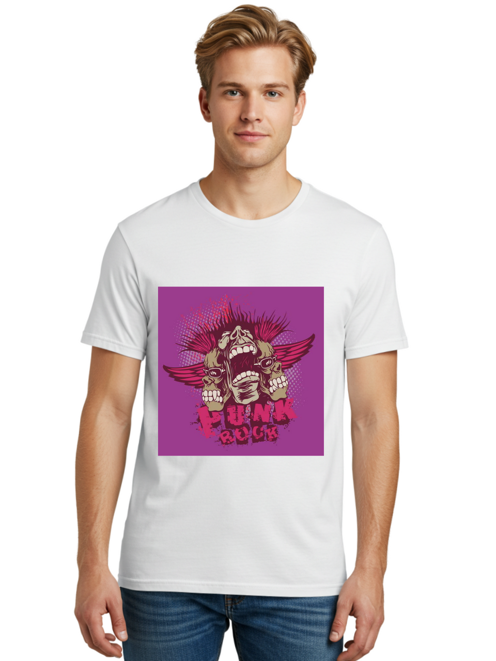 Punk Rock Men'S Graphic Tee, 100% Cotton, Comfortable Casual Summer Wear, Machine Washable, Punk Rock, Screaming Skulls, Mohawk Hair, Punk Style, Grunge Aesthetic, Bold Graphics, Skull Art, Edgy Design, Alternative Culture, Punk Fashion Aae601