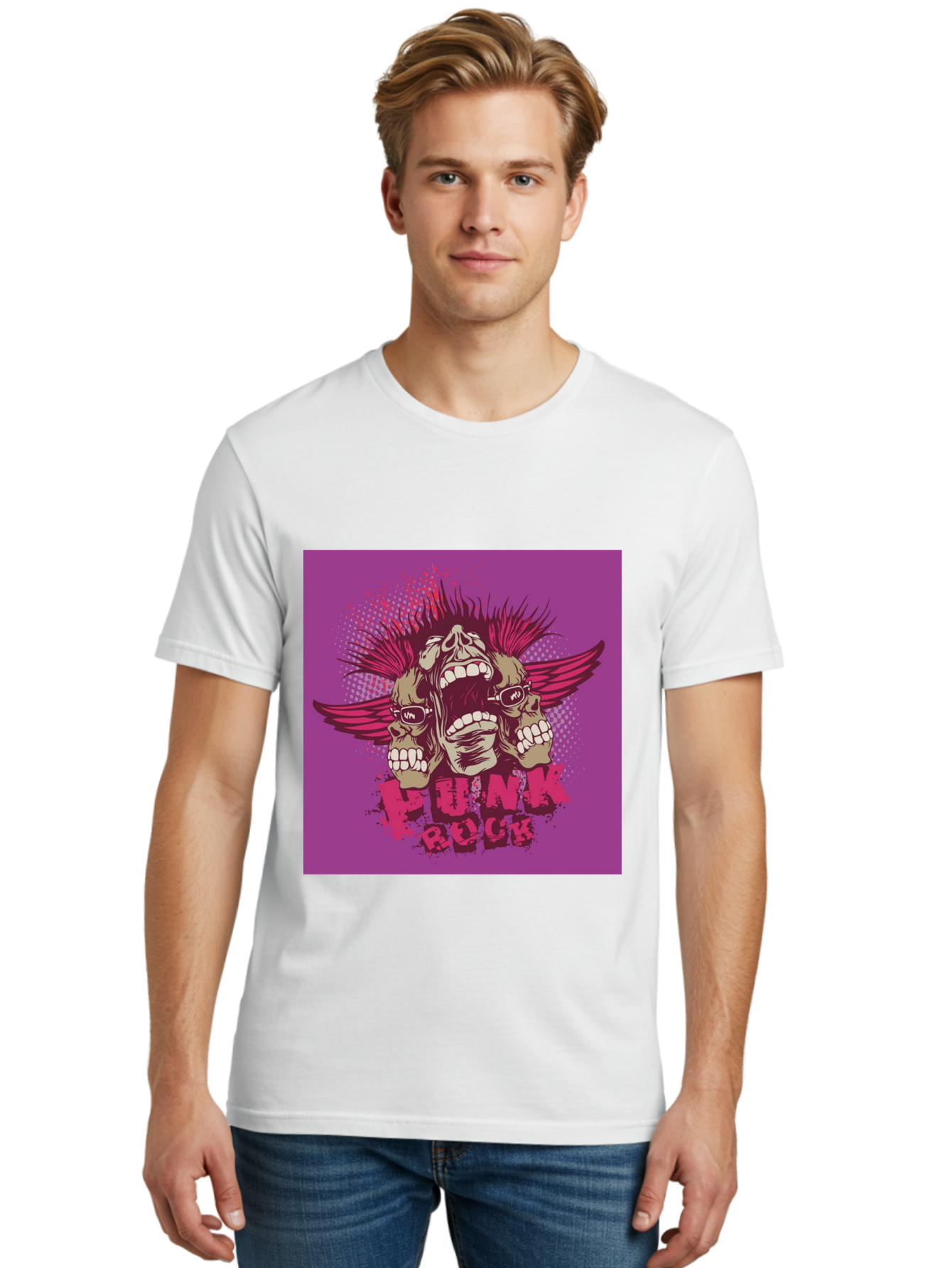 Punk Rock Men'S Graphic Tee, 100% Cotton, Comfortable Casual Summer Wear, Machine Washable, Punk Rock, Screaming Skulls, Mohawk Hair, Punk Style, Grunge Aesthetic, Bold Graphics, Skull Art, Edgy Design, Alternative Culture, Punk Fashion Aae601