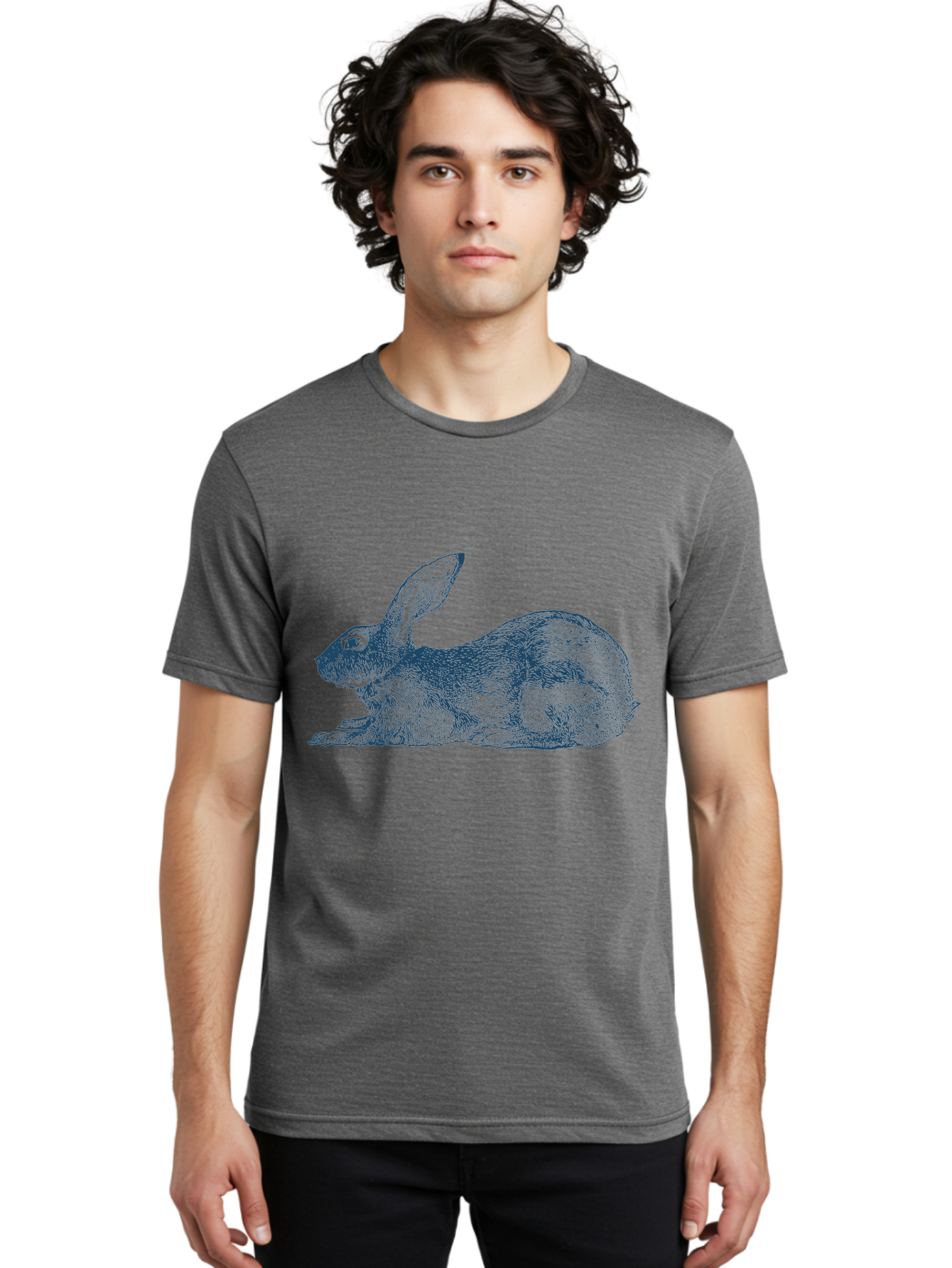 Rabbit Sitting Men'S Graphic Tee, 100% Cotton, Comfortable Casual Summer Wear, Machine Washable, Rabbit, Resting Rabbit, Hare, Engraved Illustration, Side View, Detailed Artwork, Furry Texture, Long Ears, Sitting Rabbit, Tranquil Scene, Aae602