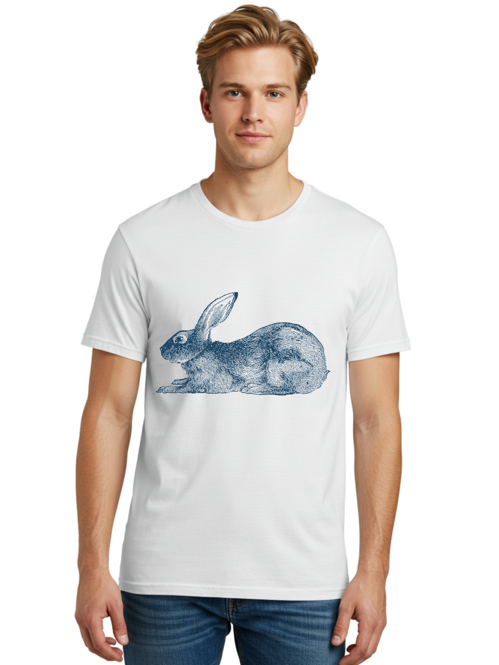 Rabbit Sitting Men'S Graphic Tee, 100% Cotton, Comfortable Casual Summer Wear, Machine Washable, Rabbit, Resting Rabbit, Hare, Engraved Illustration, Side View, Detailed Artwork, Furry Texture, Long Ears, Sitting Rabbit, Tranquil Scene, Aae602