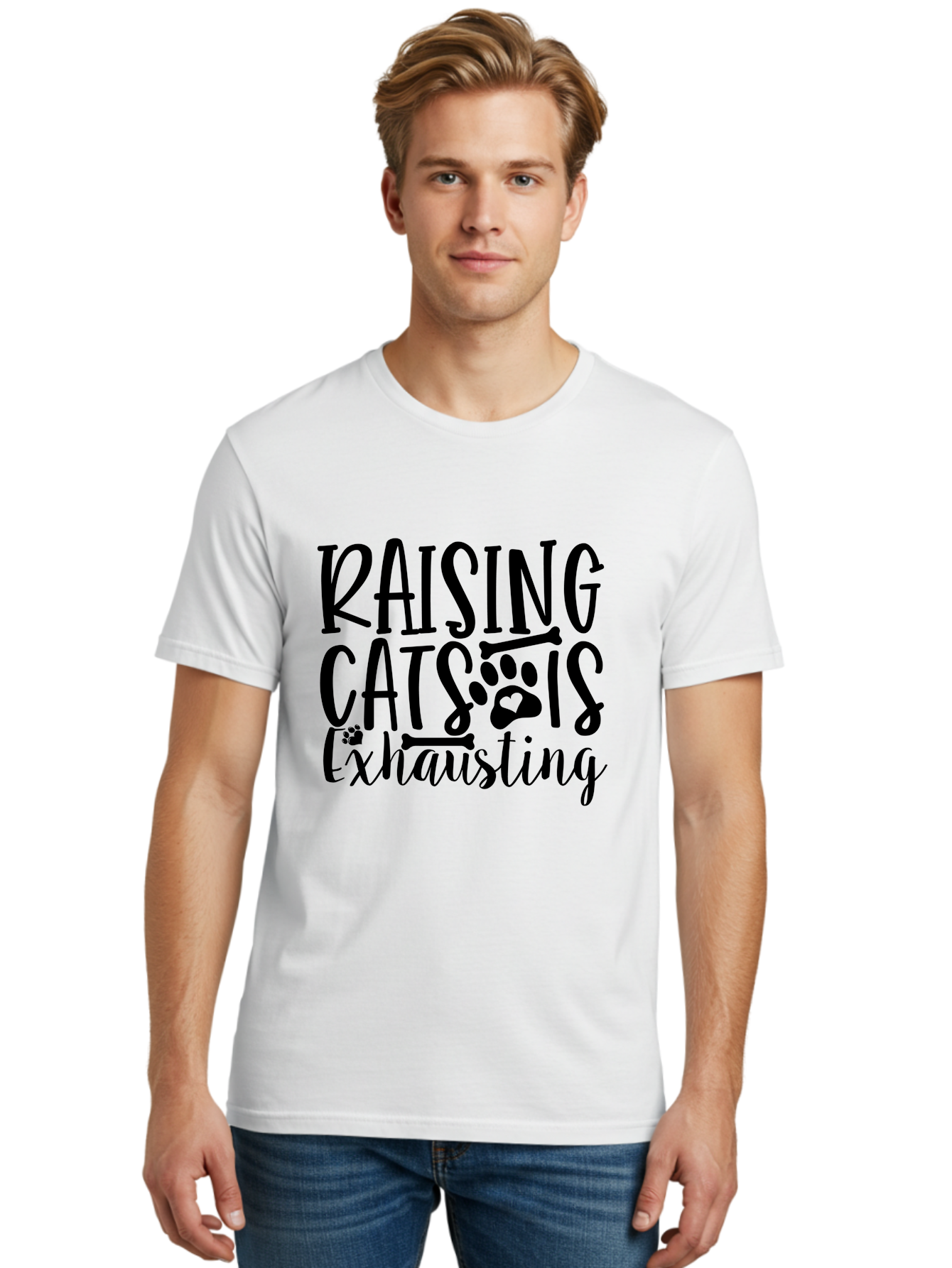 Raising Cats Is Exhausting Men'S Graphic Tee, 100% Cotton, Comfortable Casual Summer Wear, Machine Washable, Funny Cat Quote, Cat Lovers Gift, Cat Mom, Cat Dad, Cat Parenting Humor, Feline Fun, Cat Puns, Cat Memes Aae605