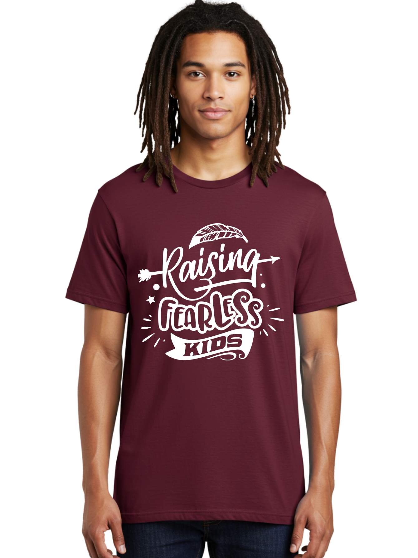 Raising Fearless Kids White Men'S Graphic Tee, 100% Cotton, Comfortable Casual Summer Wear, Machine Washable, Raising Fearless Kids, Motivational Quotes, Inspirational Phrases, Parenting Tips, Bold Font, Arrow Graphics, Feather Illustrations, Aae607
