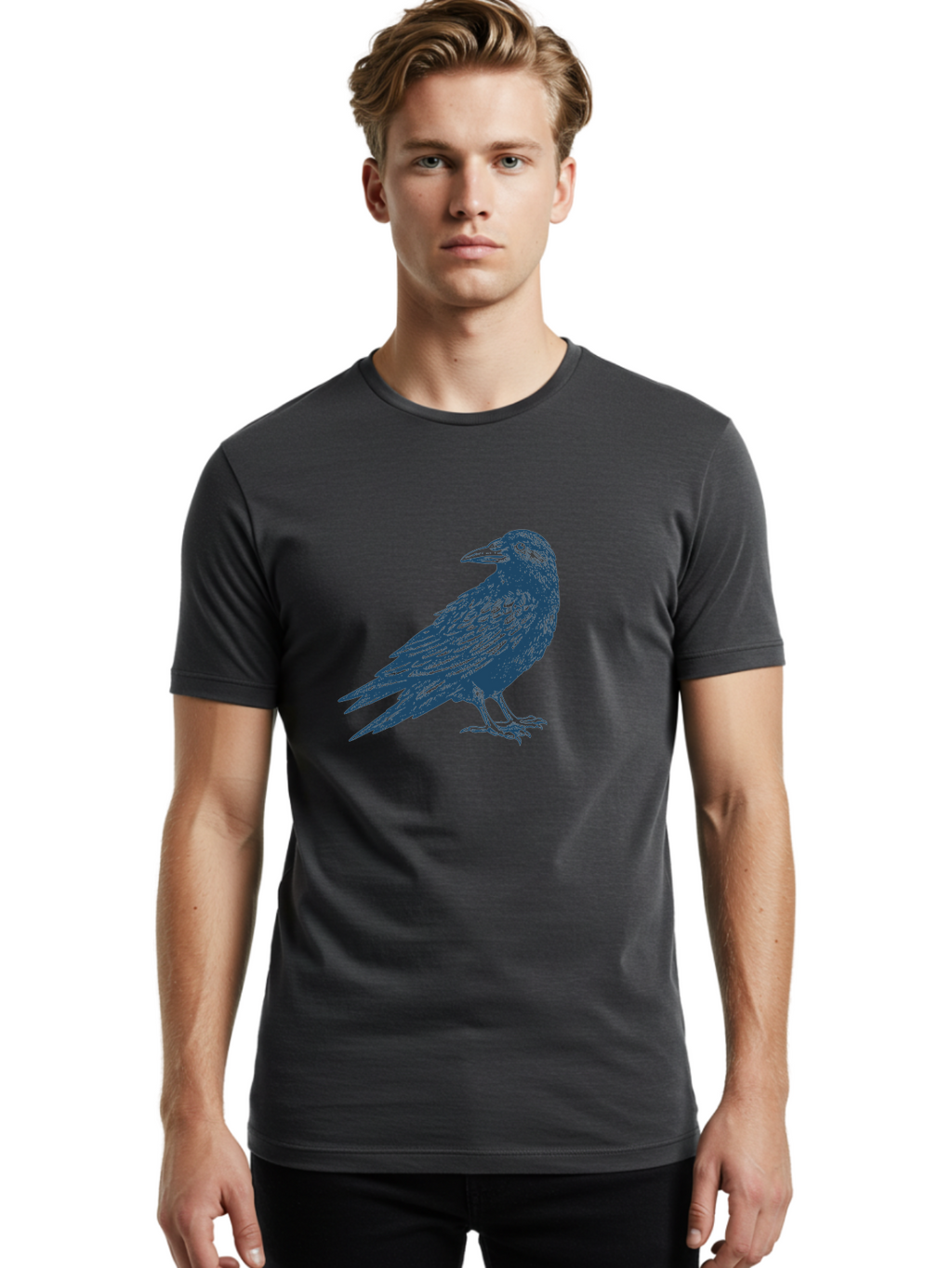 Raven Standing Men'S Graphic Tee, 100% Cotton, Comfortable Casual Summer Wear, Machine Washable, Raven Illustration, Dark Blue Crow, Mysterious Bird, Gothic Animal, Bird Silhouette, Wildlife Art, Symbolic Creature, Sharp Beak Aae609
