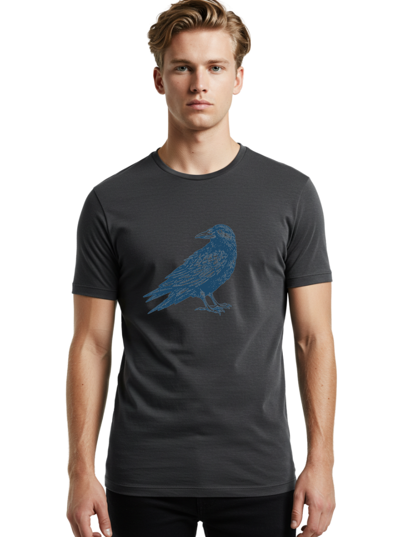 Raven Standing Men'S Graphic Tee, 100% Cotton, Comfortable Casual Summer Wear, Machine Washable, Raven Illustration, Dark Blue Crow, Mysterious Bird, Gothic Animal, Bird Silhouette, Wildlife Art, Symbolic Creature, Sharp Beak Aae609