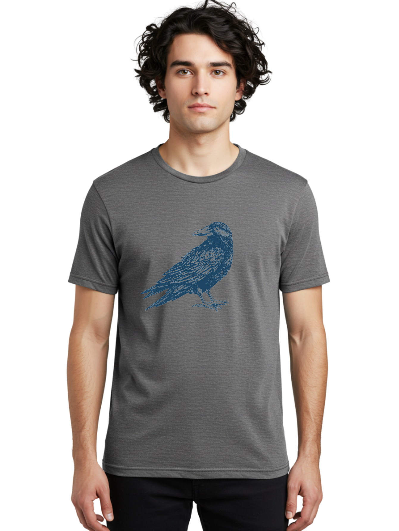 Raven Standing Men'S Graphic Tee, 100% Cotton, Comfortable Casual Summer Wear, Machine Washable, Raven Illustration, Dark Blue Crow, Mysterious Bird, Gothic Animal, Bird Silhouette, Wildlife Art, Symbolic Creature, Sharp Beak Aae609