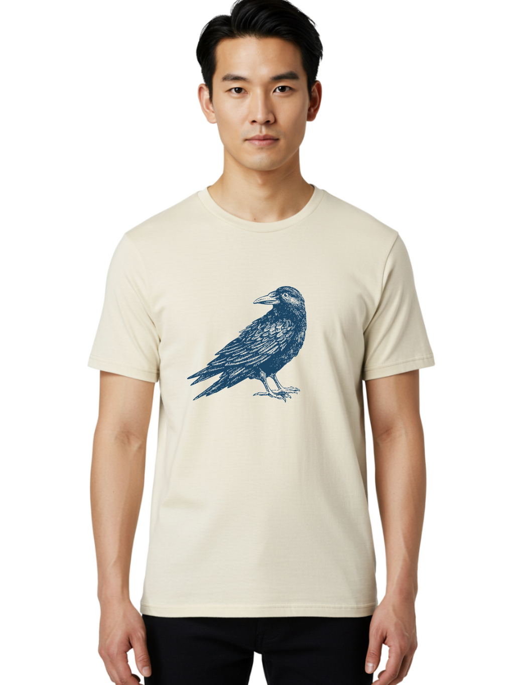 Raven Standing Men'S Graphic Tee, 100% Cotton, Comfortable Casual Summer Wear, Machine Washable, Raven Illustration, Dark Blue Crow, Mysterious Bird, Gothic Animal, Bird Silhouette, Wildlife Art, Symbolic Creature, Sharp Beak Aae609