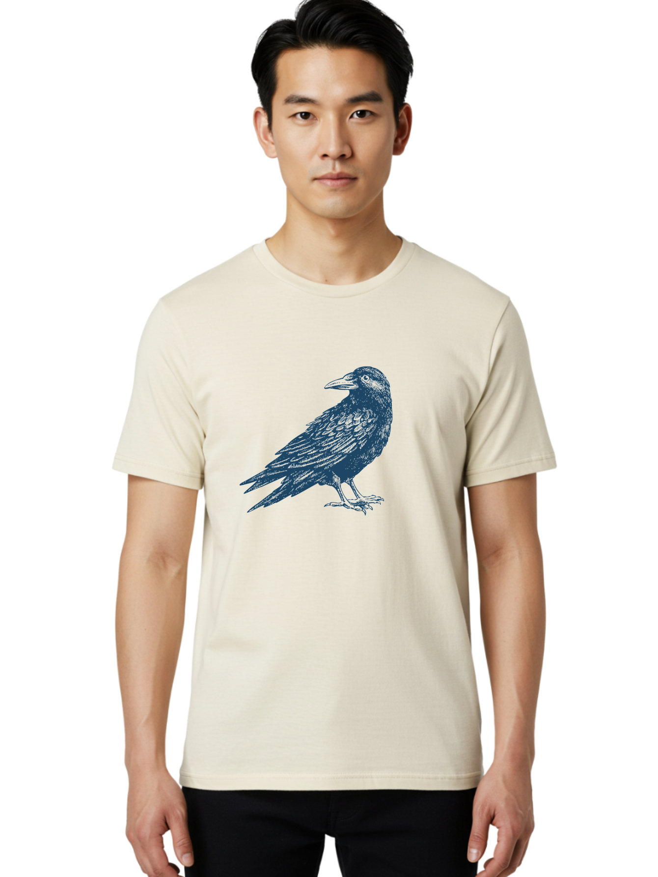 Raven Standing Men'S Graphic Tee, 100% Cotton, Comfortable Casual Summer Wear, Machine Washable, Raven Illustration, Dark Blue Crow, Mysterious Bird, Gothic Animal, Bird Silhouette, Wildlife Art, Symbolic Creature, Sharp Beak Aae609