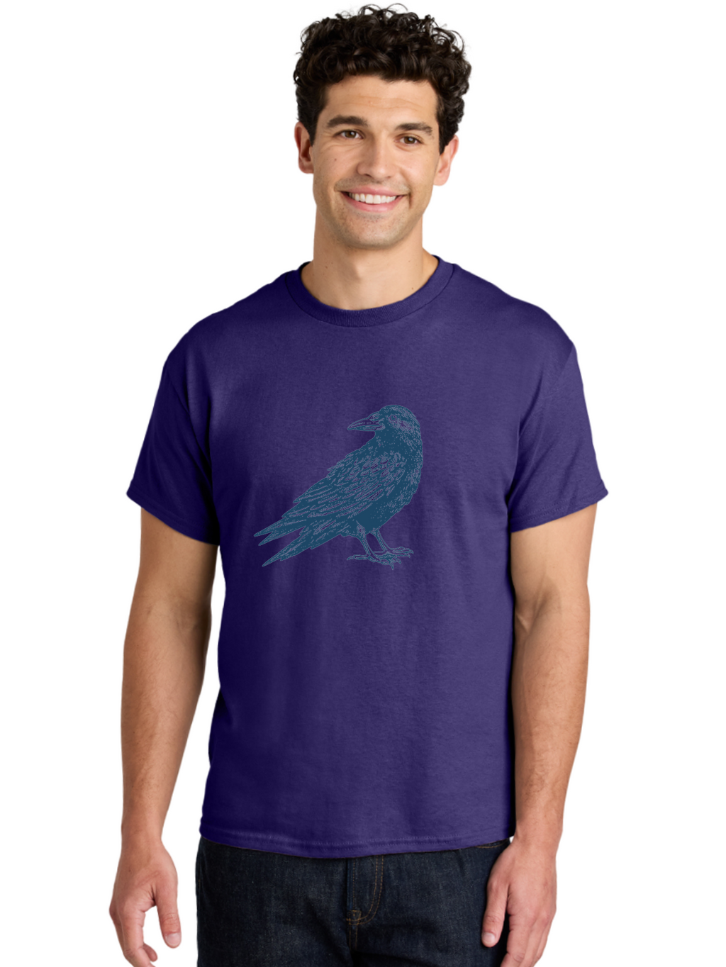 Raven Standing Men'S Graphic Tee, 100% Cotton, Comfortable Casual Summer Wear, Machine Washable, Raven Illustration, Dark Blue Crow, Mysterious Bird, Gothic Animal, Bird Silhouette, Wildlife Art, Symbolic Creature, Sharp Beak Aae609