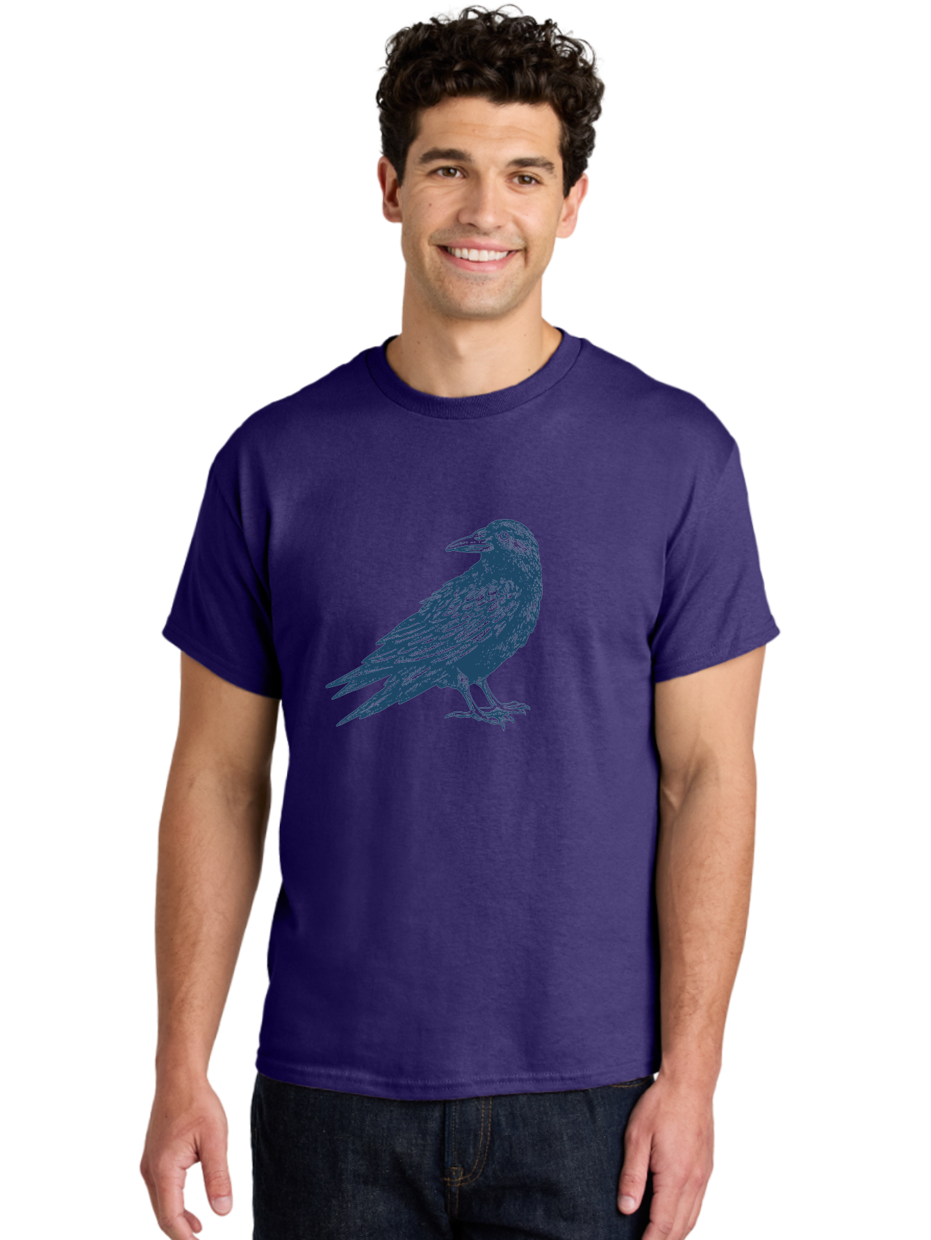 Raven Standing Men'S Graphic Tee, 100% Cotton, Comfortable Casual Summer Wear, Machine Washable, Raven Illustration, Dark Blue Crow, Mysterious Bird, Gothic Animal, Bird Silhouette, Wildlife Art, Symbolic Creature, Sharp Beak Aae609