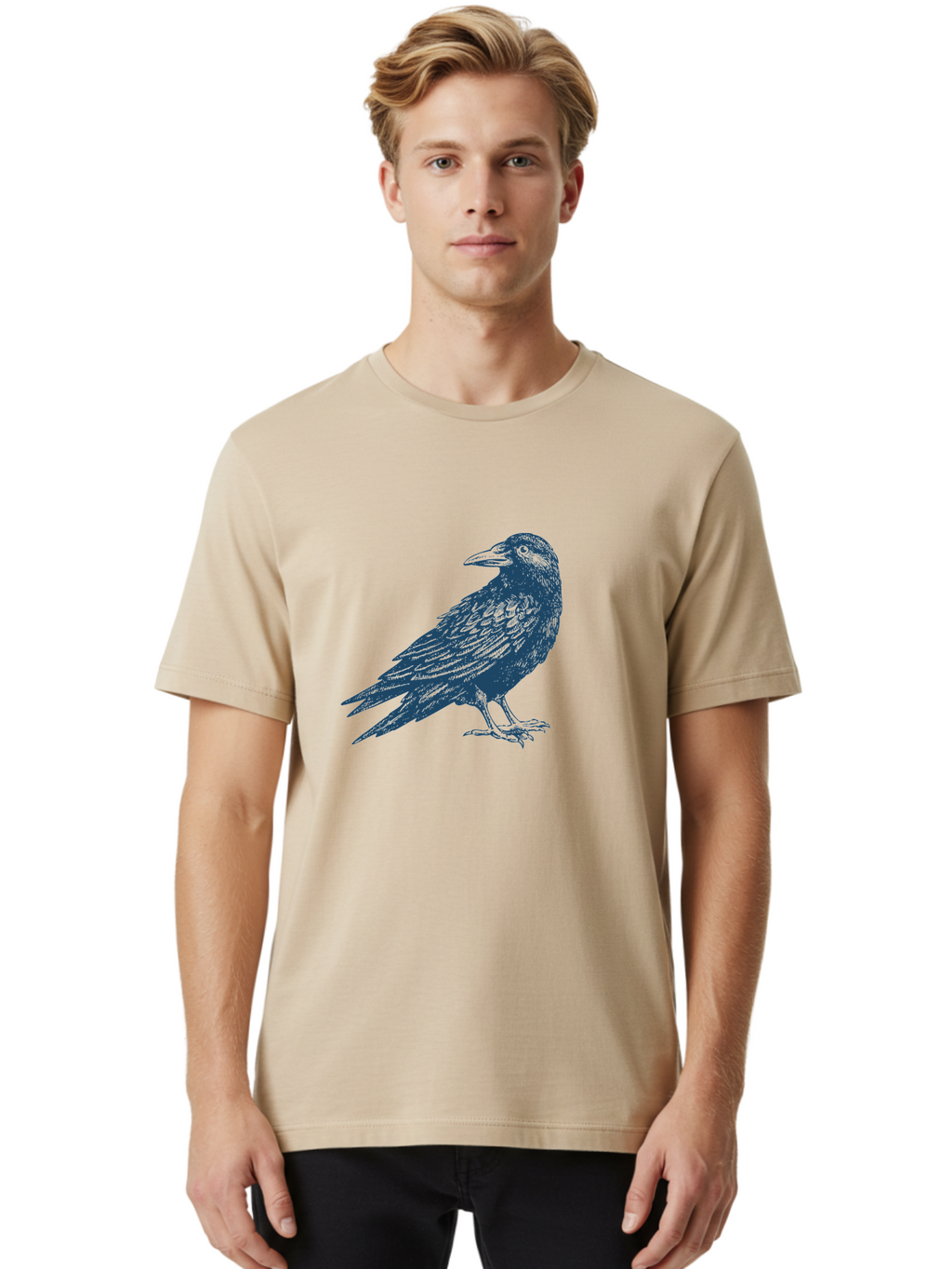 Raven Standing Men'S Graphic Tee, 100% Cotton, Comfortable Casual Summer Wear, Machine Washable, Raven Illustration, Dark Blue Crow, Mysterious Bird, Gothic Animal, Bird Silhouette, Wildlife Art, Symbolic Creature, Sharp Beak Aae609