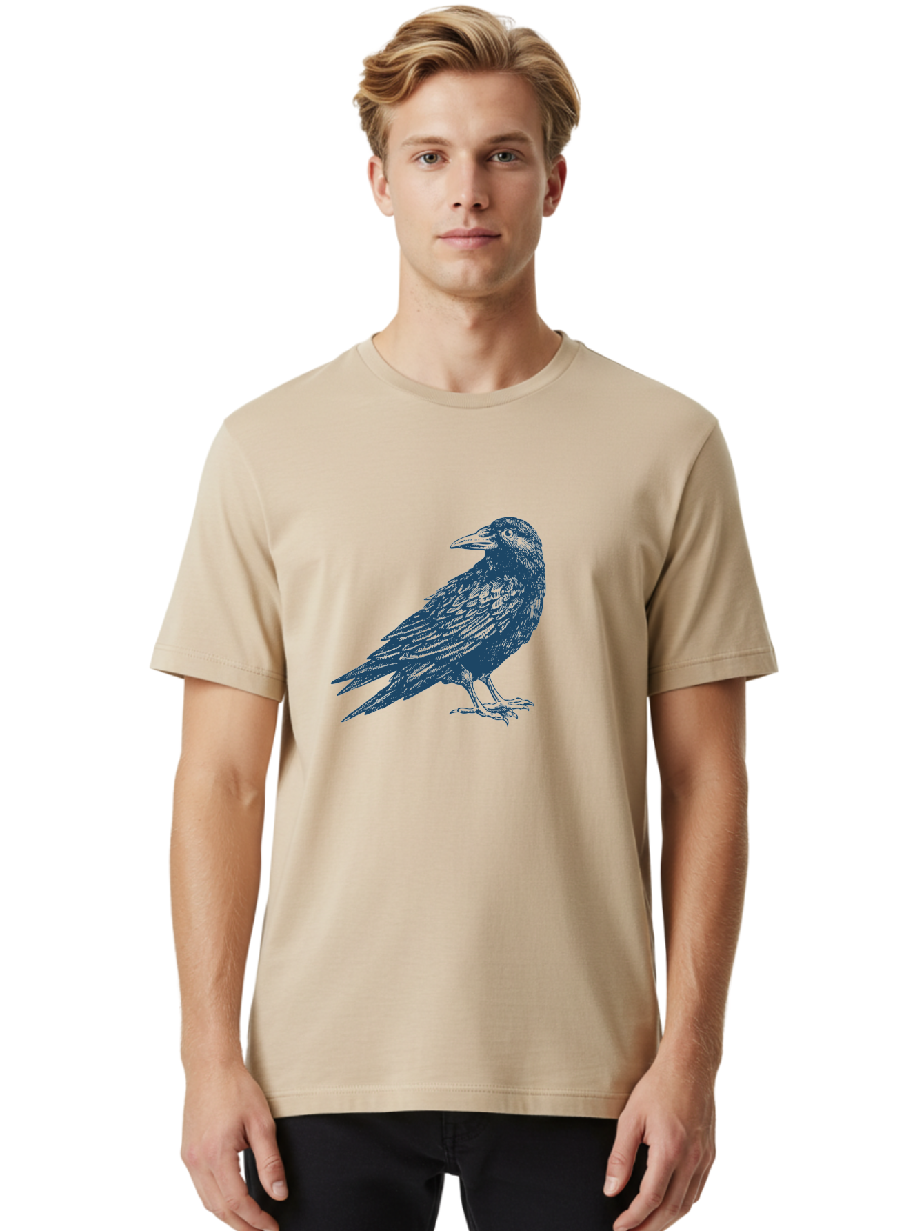 Raven Standing Men'S Graphic Tee, 100% Cotton, Comfortable Casual Summer Wear, Machine Washable, Raven Illustration, Dark Blue Crow, Mysterious Bird, Gothic Animal, Bird Silhouette, Wildlife Art, Symbolic Creature, Sharp Beak Aae609