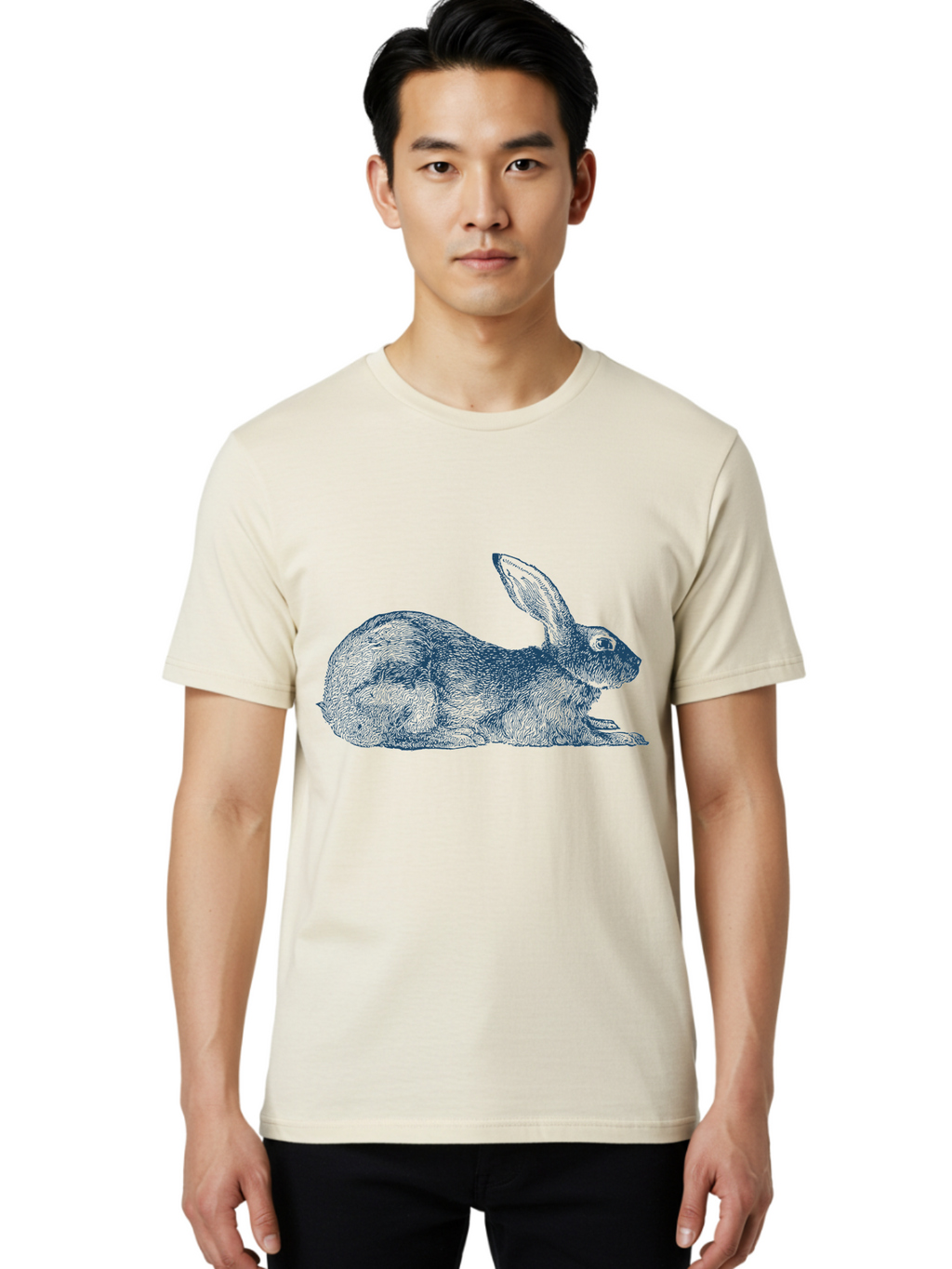 Resting Rabbit Men'S Graphic Tee, 100% Cotton, Comfortable Casual Summer Wear, Machine Washable, Rabbit Illustration, Detailed Drawing, Furry Texture, Long Ears, Relaxing Pose, Wildlife Art, Cute Animal, Sketch Style Aae610