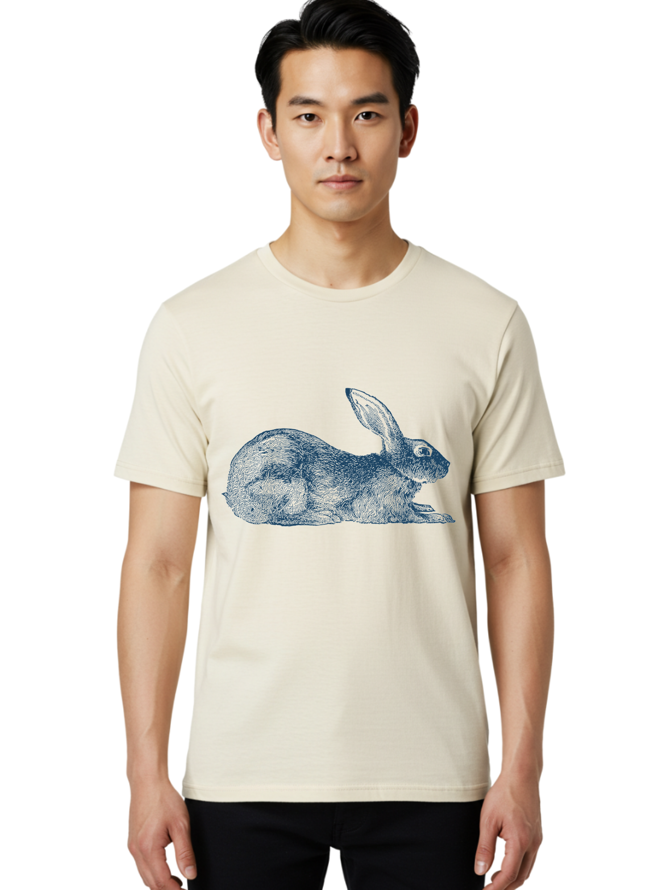 Resting Rabbit Men'S Graphic Tee, 100% Cotton, Comfortable Casual Summer Wear, Machine Washable, Rabbit Illustration, Detailed Drawing, Furry Texture, Long Ears, Relaxing Pose, Wildlife Art, Cute Animal, Sketch Style Aae610