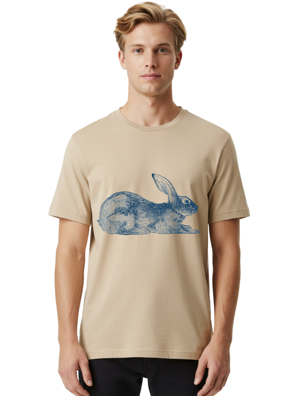 Resting Rabbit Men'S Graphic Tee, 100% Cotton, Comfortable Casual Summer Wear, Machine Washable, Rabbit Illustration, Detailed Drawing, Furry Texture, Long Ears, Relaxing Pose, Wildlife Art, Cute Animal, Sketch Style Aae610