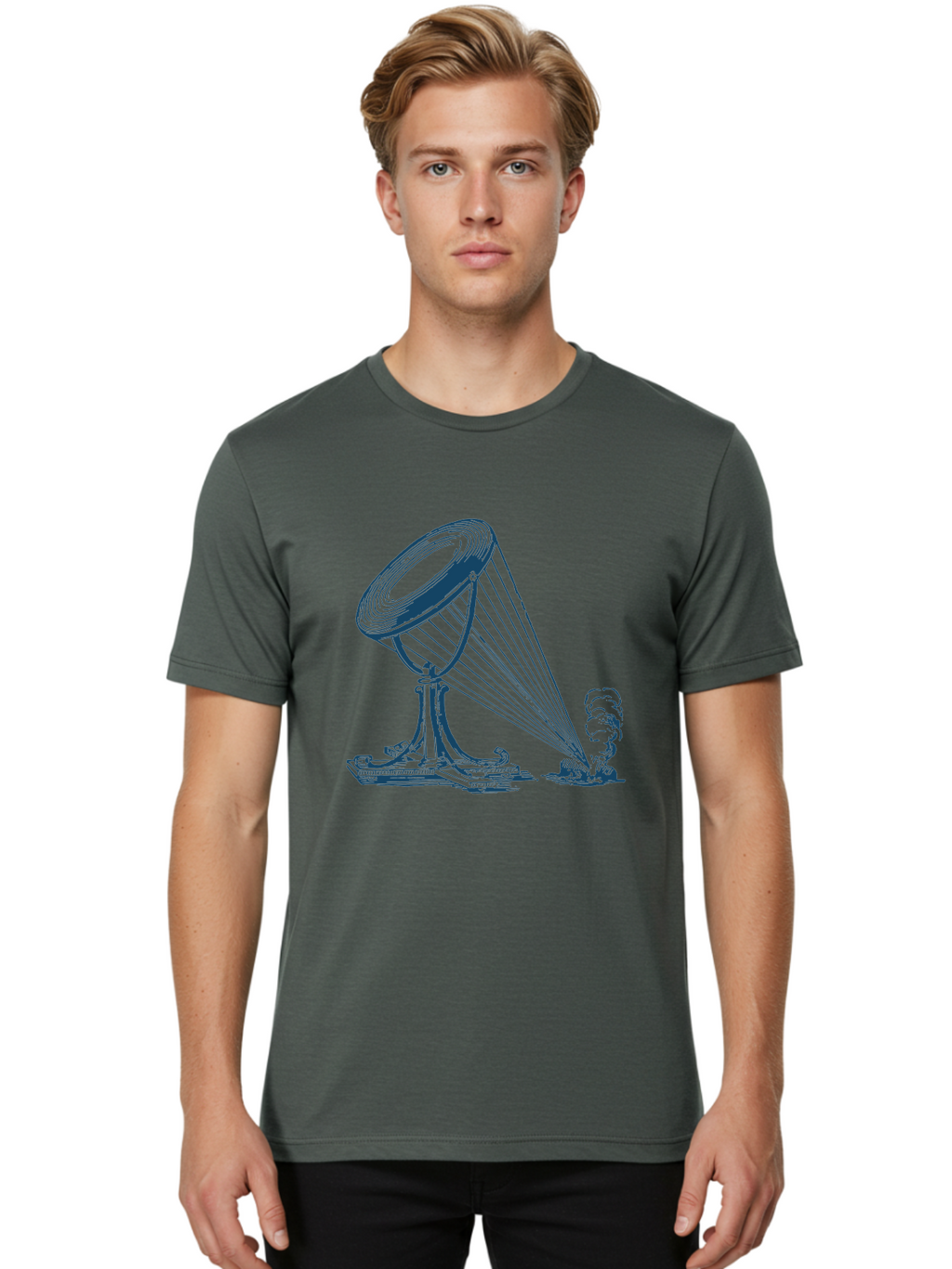 Retro Magnifying Glass Men'S Graphic Tee, 100% Cotton, Comfortable Casual Summer Wear, Machine Washable, Vintage Gramophone, Retro Sound, Classic Music, Antique Technology, Old-Fashioned, Nostalgic Vibes, Music Player, Sound Waves, Aae612