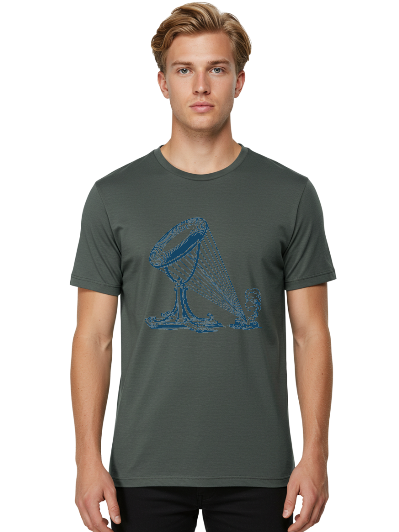 Retro Magnifying Glass Men'S Graphic Tee, 100% Cotton, Comfortable Casual Summer Wear, Machine Washable, Vintage Gramophone, Retro Sound, Classic Music, Antique Technology, Old-Fashioned, Nostalgic Vibes, Music Player, Sound Waves, Aae612