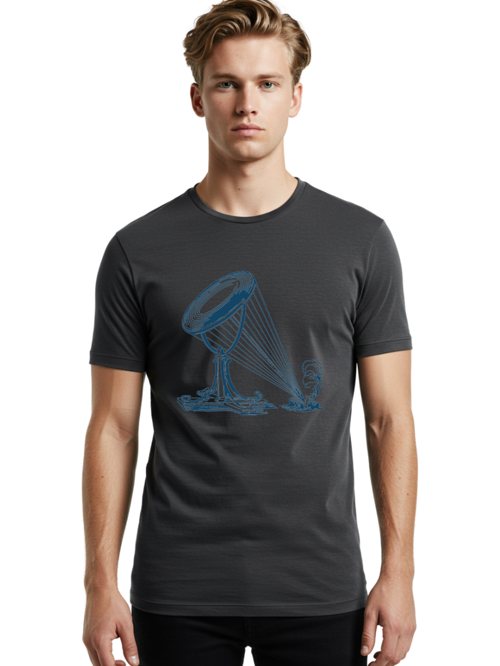 Retro Magnifying Glass Men'S Graphic Tee, 100% Cotton, Comfortable Casual Summer Wear, Machine Washable, Vintage Gramophone, Retro Sound, Classic Music, Antique Technology, Old-Fashioned, Nostalgic Vibes, Music Player, Sound Waves, Aae612