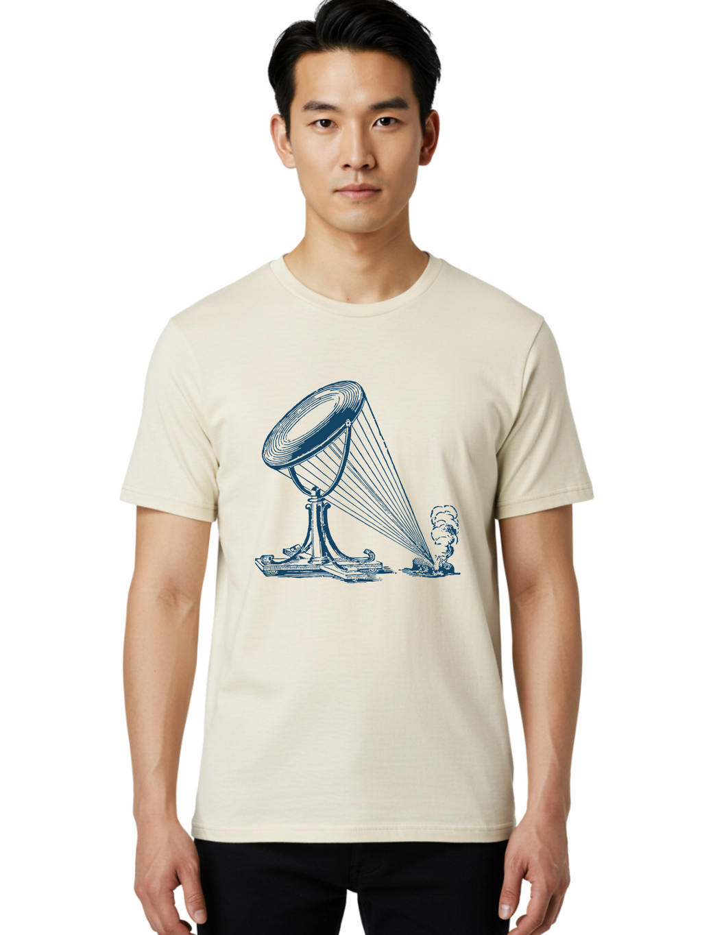 Retro Magnifying Glass Men'S Graphic Tee, 100% Cotton, Comfortable Casual Summer Wear, Machine Washable, Vintage Gramophone, Retro Sound, Classic Music, Antique Technology, Old-Fashioned, Nostalgic Vibes, Music Player, Sound Waves, Aae612