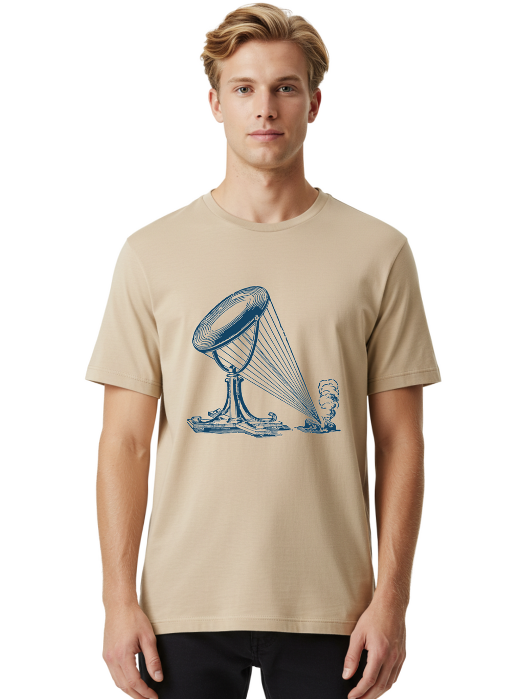 Retro Magnifying Glass Men'S Graphic Tee, 100% Cotton, Comfortable Casual Summer Wear, Machine Washable, Vintage Gramophone, Retro Sound, Classic Music, Antique Technology, Old-Fashioned, Nostalgic Vibes, Music Player, Sound Waves, Aae612