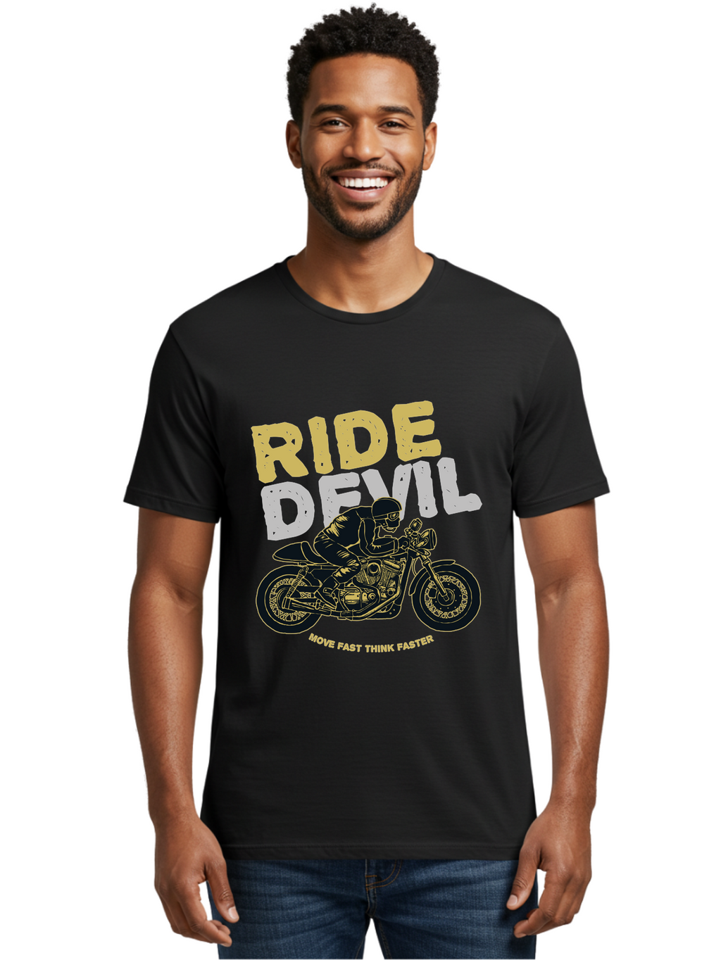 Ride Devil Men'S Graphic Tee, 100% Cotton, Comfortable Casual Summer Wear, Machine Washable, Motorcycle Rider, Devil May Care, Speed Demon, Fast Bike, Riding Gear, Motorcycle Culture, Biker Apparel, Ride Devil, Move Fast Think Faster Aae615