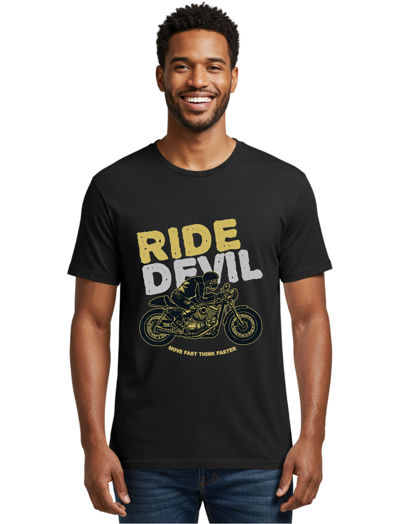 Ride Devil Men'S Graphic Tee, 100% Cotton, Comfortable Casual Summer Wear, Machine Washable, Motorcycle Rider, Devil May Care, Speed Demon, Fast Bike, Riding Gear, Motorcycle Culture, Biker Apparel, Ride Devil, Move Fast Think Faster Aae615