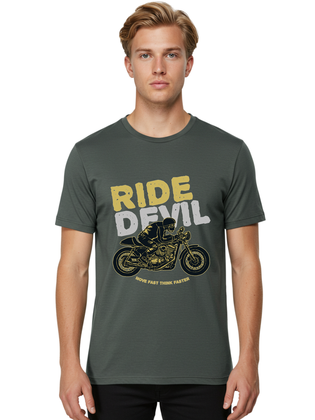 Ride Devil Men'S Graphic Tee, 100% Cotton, Comfortable Casual Summer Wear, Machine Washable, Motorcycle Rider, Devil May Care, Speed Demon, Fast Bike, Riding Gear, Motorcycle Culture, Biker Apparel, Ride Devil, Move Fast Think Faster Aae615