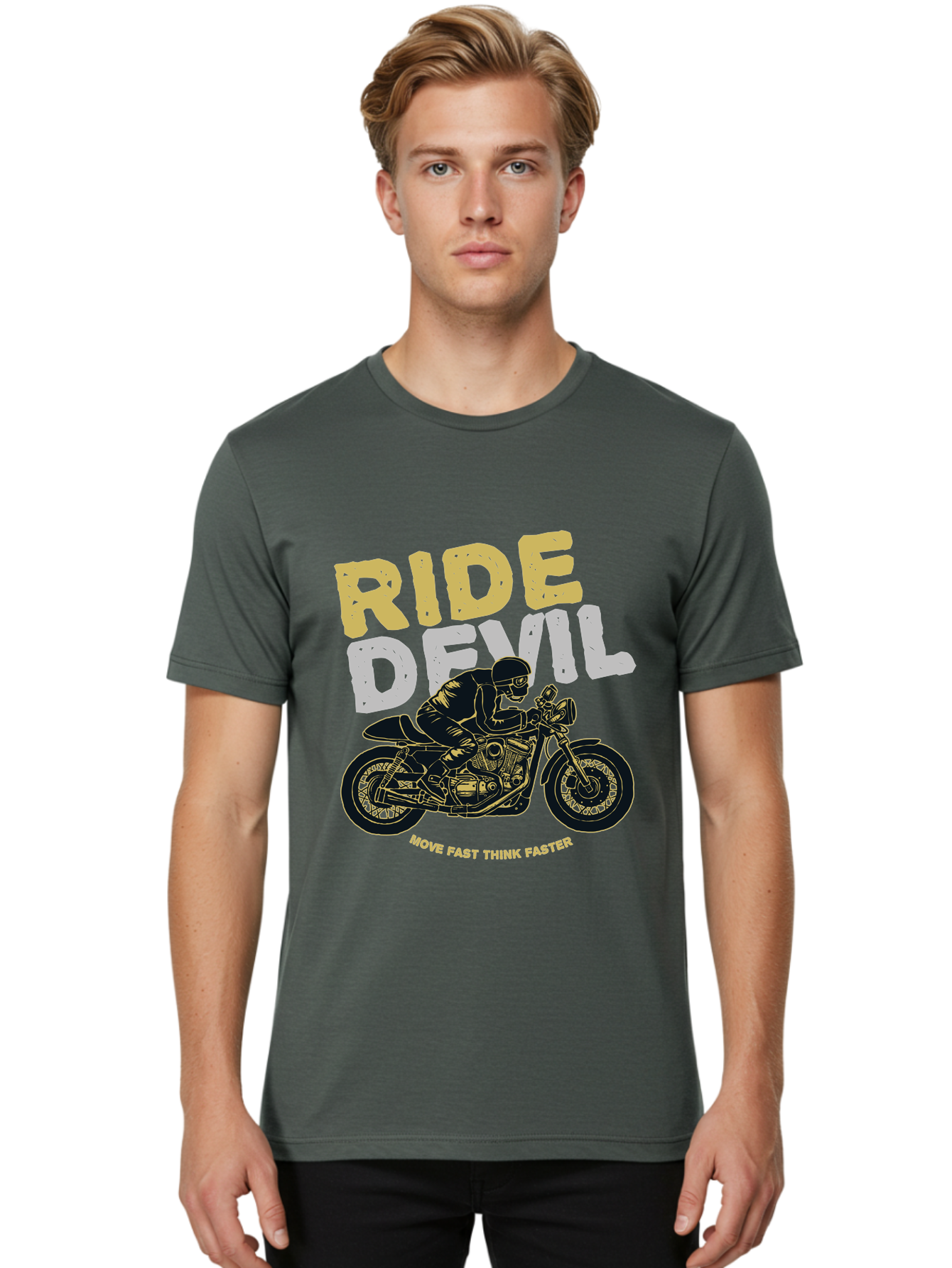 Ride Devil Men'S Graphic Tee, 100% Cotton, Comfortable Casual Summer Wear, Machine Washable, Motorcycle Rider, Devil May Care, Speed Demon, Fast Bike, Riding Gear, Motorcycle Culture, Biker Apparel, Ride Devil, Move Fast Think Faster Aae615