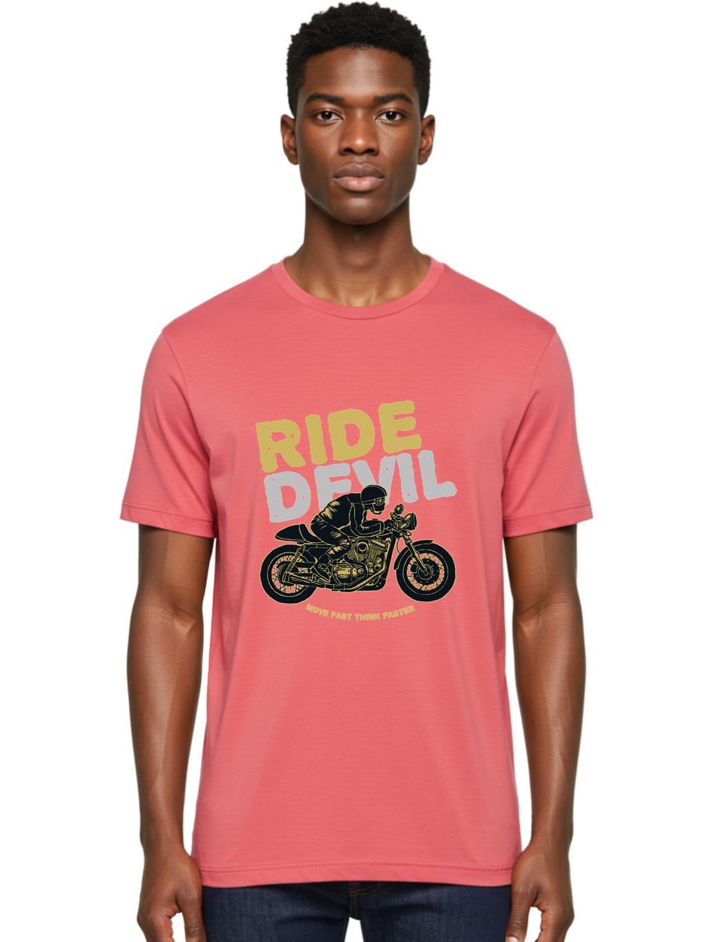 Ride Devil Men'S Graphic Tee, 100% Cotton, Comfortable Casual Summer Wear, Machine Washable, Motorcycle Rider, Devil May Care, Speed Demon, Fast Bike, Riding Gear, Motorcycle Culture, Biker Apparel, Ride Devil, Move Fast Think Faster Aae615