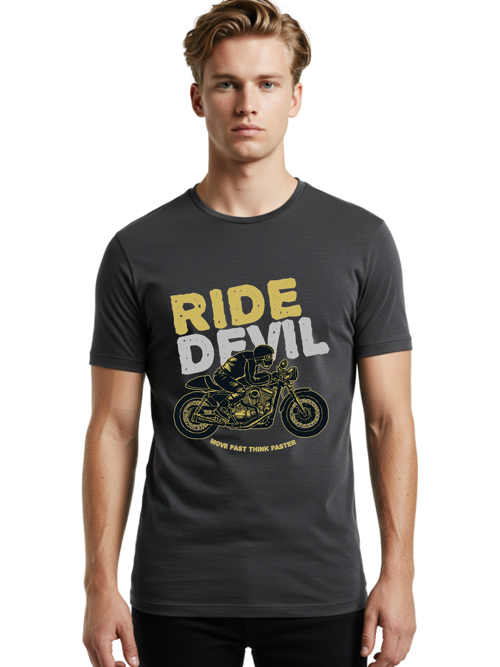 Ride Devil Men'S Graphic Tee, 100% Cotton, Comfortable Casual Summer Wear, Machine Washable, Motorcycle Rider, Devil May Care, Speed Demon, Fast Bike, Riding Gear, Motorcycle Culture, Biker Apparel, Ride Devil, Move Fast Think Faster Aae615