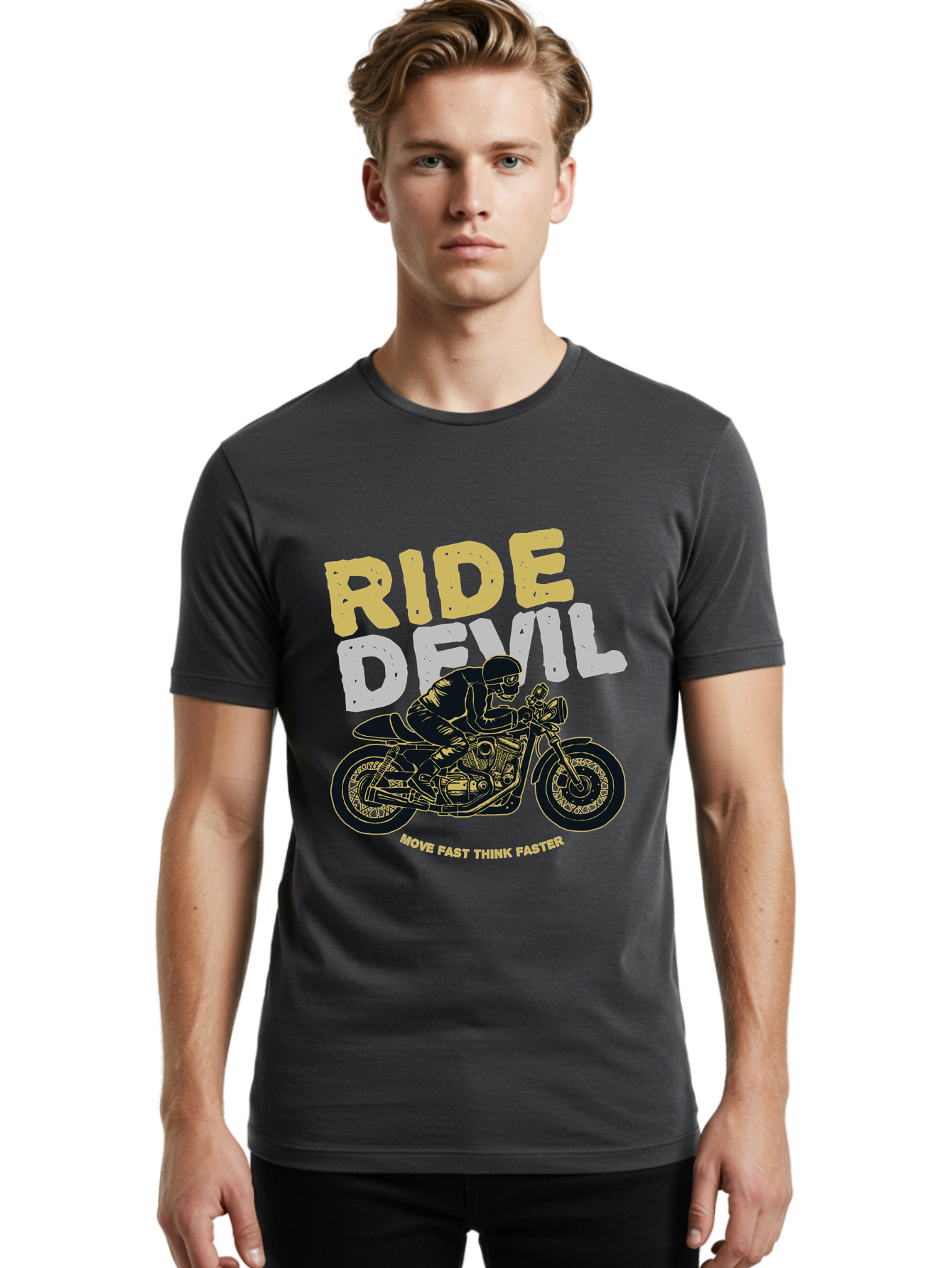 Ride Devil Men'S Graphic Tee, 100% Cotton, Comfortable Casual Summer Wear, Machine Washable, Motorcycle Rider, Devil May Care, Speed Demon, Fast Bike, Riding Gear, Motorcycle Culture, Biker Apparel, Ride Devil, Move Fast Think Faster Aae615