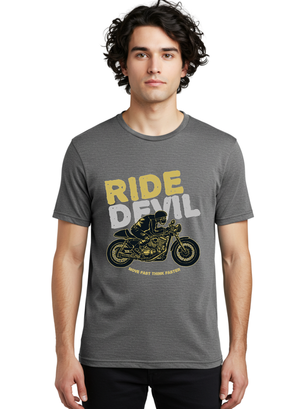 Ride Devil Men'S Graphic Tee, 100% Cotton, Comfortable Casual Summer Wear, Machine Washable, Motorcycle Rider, Devil May Care, Speed Demon, Fast Bike, Riding Gear, Motorcycle Culture, Biker Apparel, Ride Devil, Move Fast Think Faster Aae615