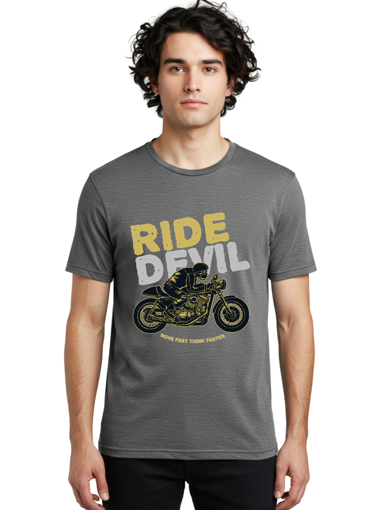 Ride Devil Men'S Graphic Tee, 100% Cotton, Comfortable Casual Summer Wear, Machine Washable, Motorcycle Rider, Devil May Care, Speed Demon, Fast Bike, Riding Gear, Motorcycle Culture, Biker Apparel, Ride Devil, Move Fast Think Faster Aae615
