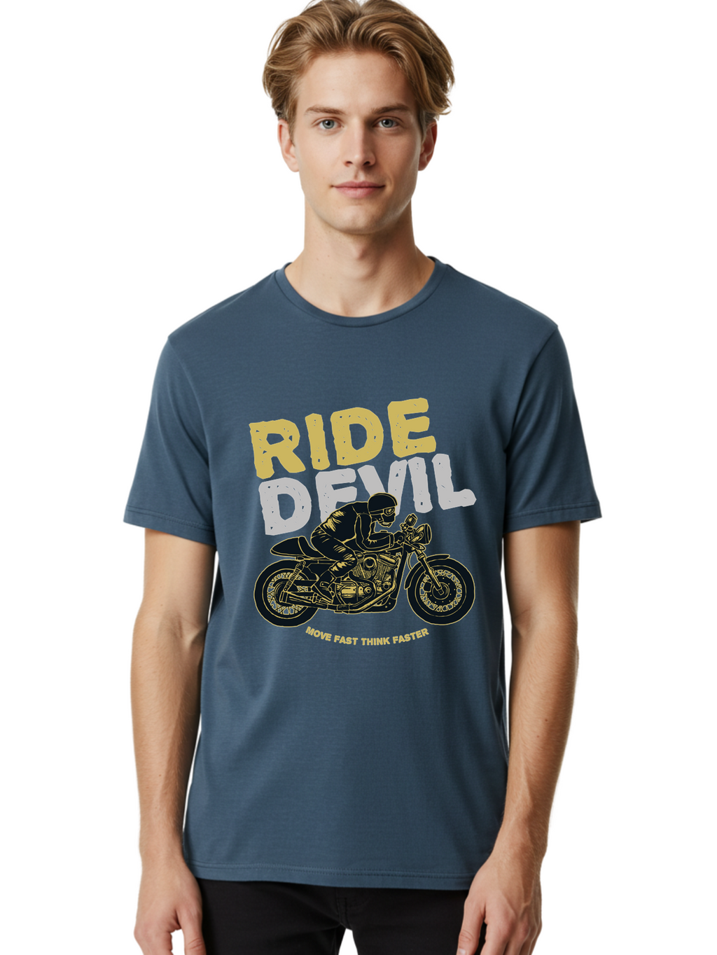 Ride Devil Men'S Graphic Tee, 100% Cotton, Comfortable Casual Summer Wear, Machine Washable, Motorcycle Rider, Devil May Care, Speed Demon, Fast Bike, Riding Gear, Motorcycle Culture, Biker Apparel, Ride Devil, Move Fast Think Faster Aae615