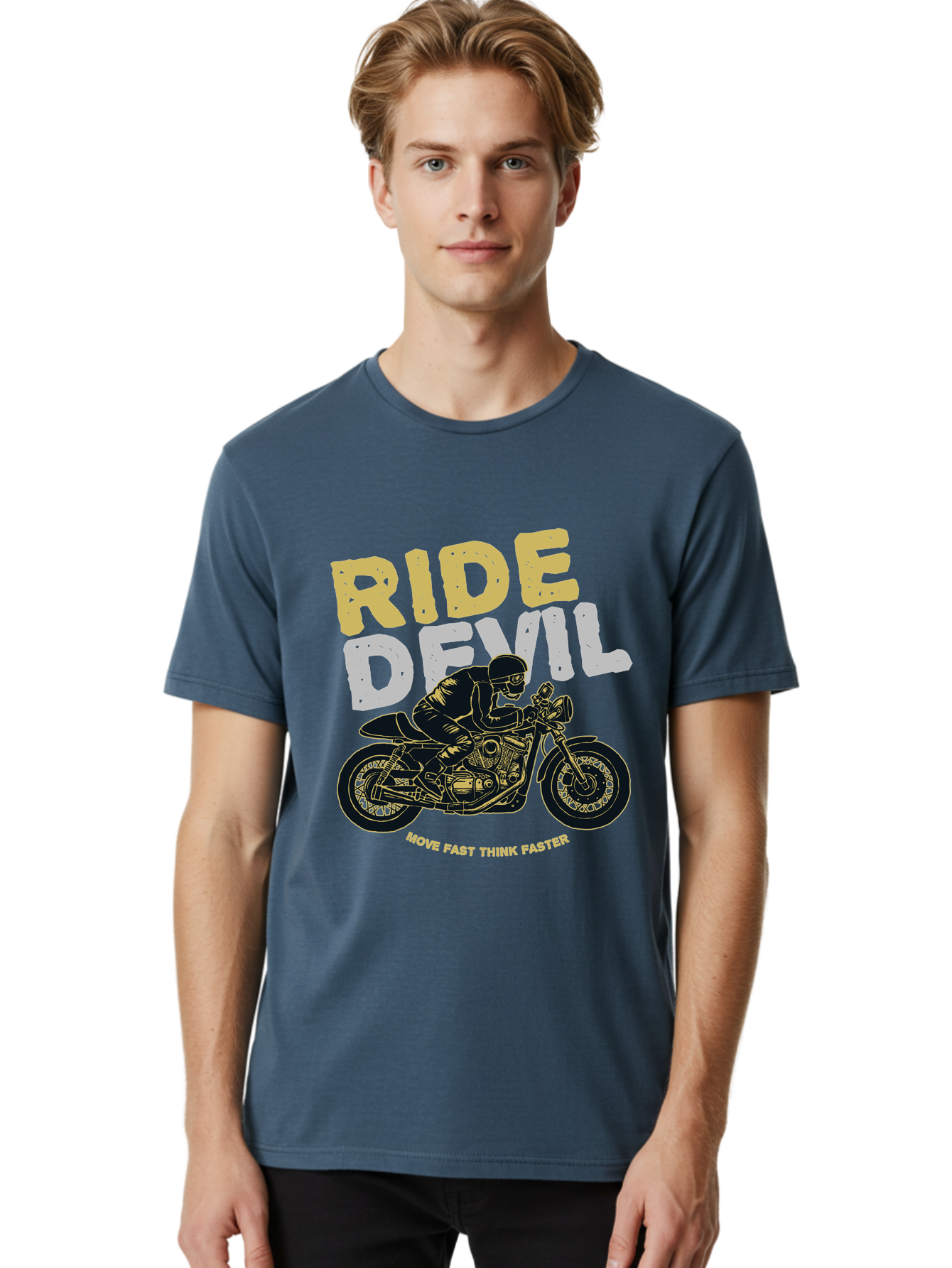 Ride Devil Men'S Graphic Tee, 100% Cotton, Comfortable Casual Summer Wear, Machine Washable, Motorcycle Rider, Devil May Care, Speed Demon, Fast Bike, Riding Gear, Motorcycle Culture, Biker Apparel, Ride Devil, Move Fast Think Faster Aae615