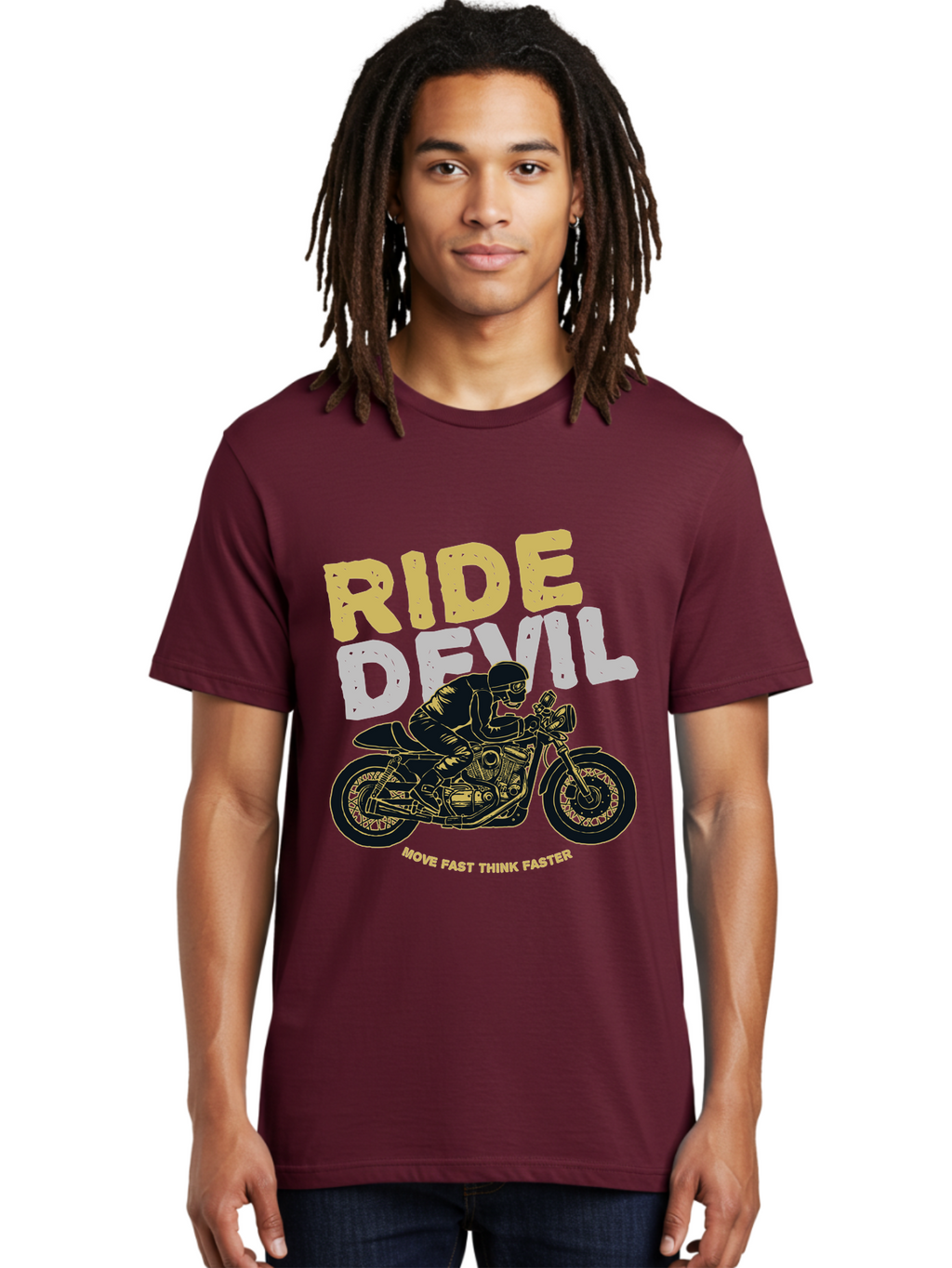 Ride Devil Men'S Graphic Tee, 100% Cotton, Comfortable Casual Summer Wear, Machine Washable, Motorcycle Rider, Devil May Care, Speed Demon, Fast Bike, Riding Gear, Motorcycle Culture, Biker Apparel, Ride Devil, Move Fast Think Faster Aae615