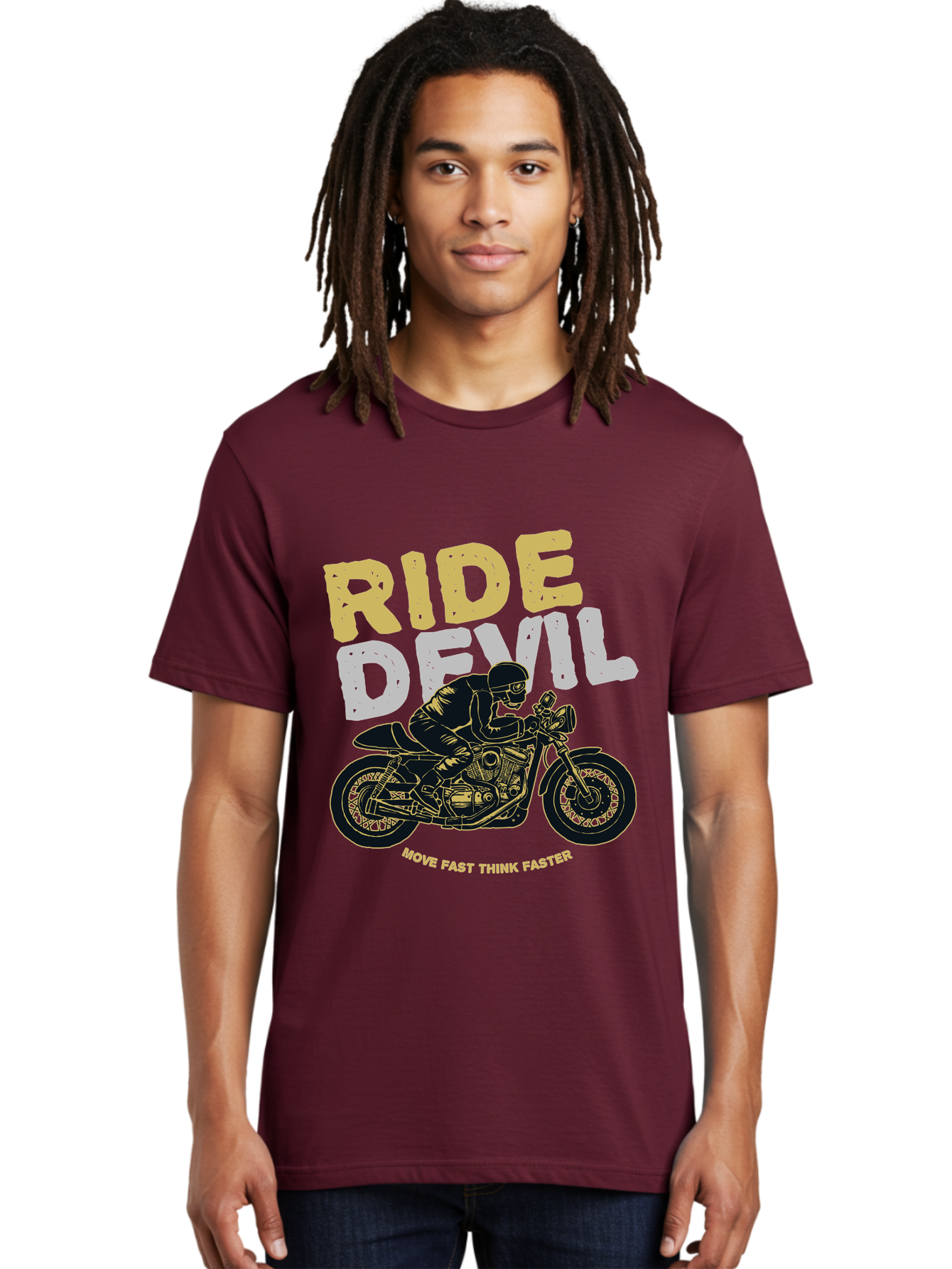 Ride Devil Men'S Graphic Tee, 100% Cotton, Comfortable Casual Summer Wear, Machine Washable, Motorcycle Rider, Devil May Care, Speed Demon, Fast Bike, Riding Gear, Motorcycle Culture, Biker Apparel, Ride Devil, Move Fast Think Faster Aae615