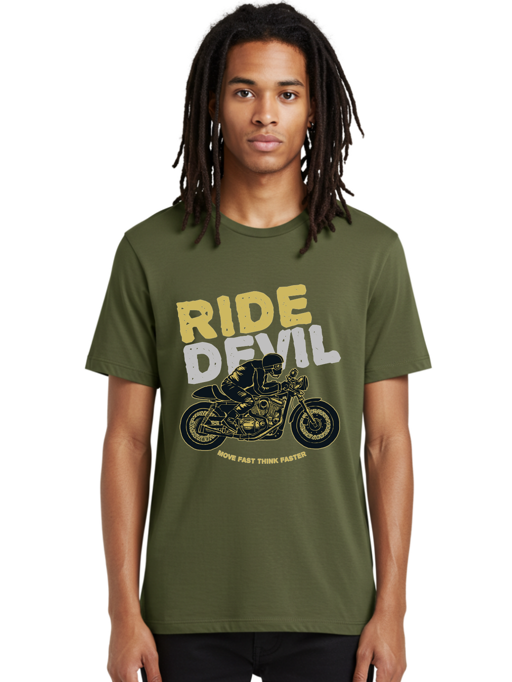 Ride Devil Men'S Graphic Tee, 100% Cotton, Comfortable Casual Summer Wear, Machine Washable, Motorcycle Rider, Devil May Care, Speed Demon, Fast Bike, Riding Gear, Motorcycle Culture, Biker Apparel, Ride Devil, Move Fast Think Faster Aae615