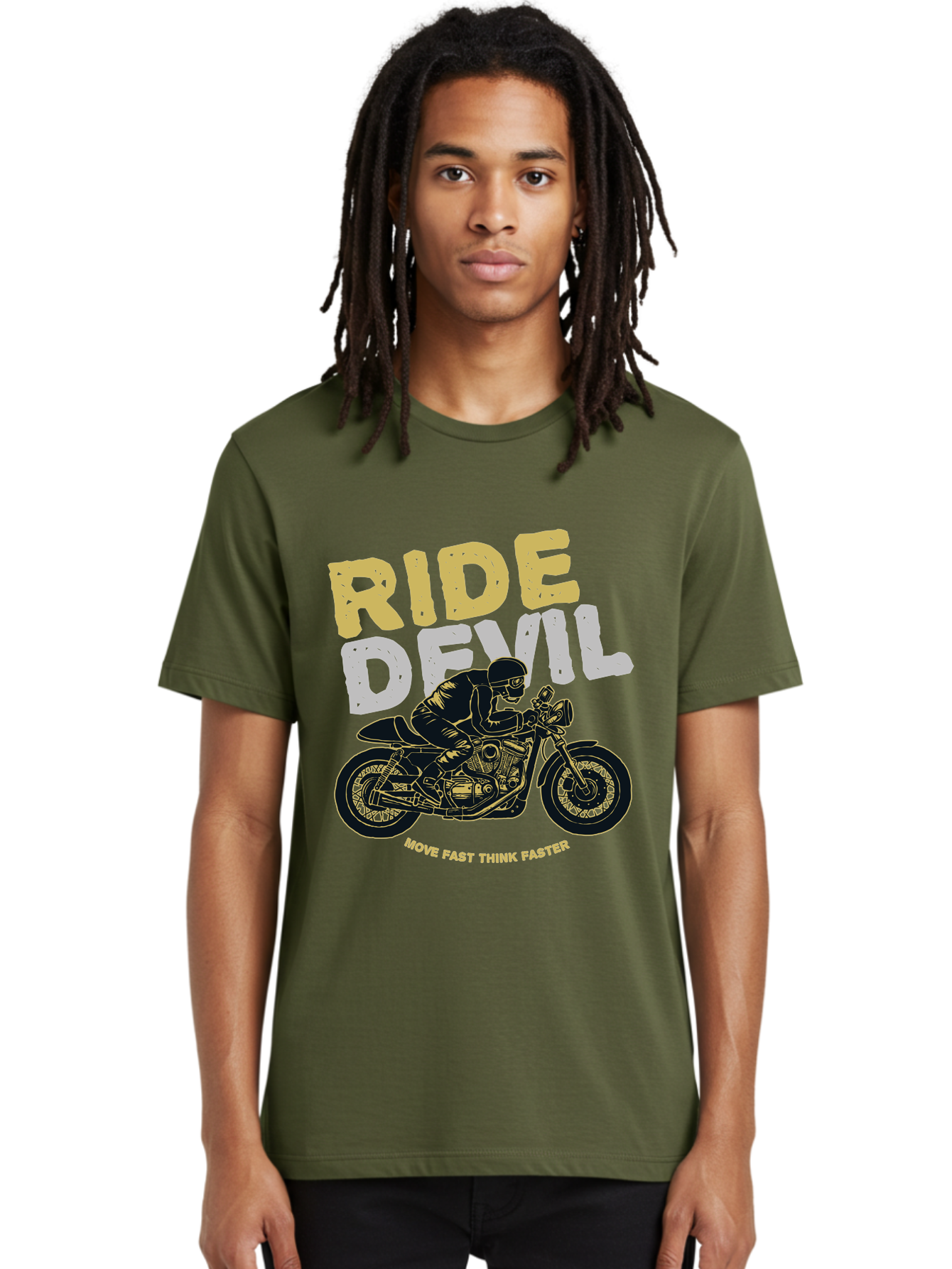 Ride Devil Men'S Graphic Tee, 100% Cotton, Comfortable Casual Summer Wear, Machine Washable, Motorcycle Rider, Devil May Care, Speed Demon, Fast Bike, Riding Gear, Motorcycle Culture, Biker Apparel, Ride Devil, Move Fast Think Faster Aae615
