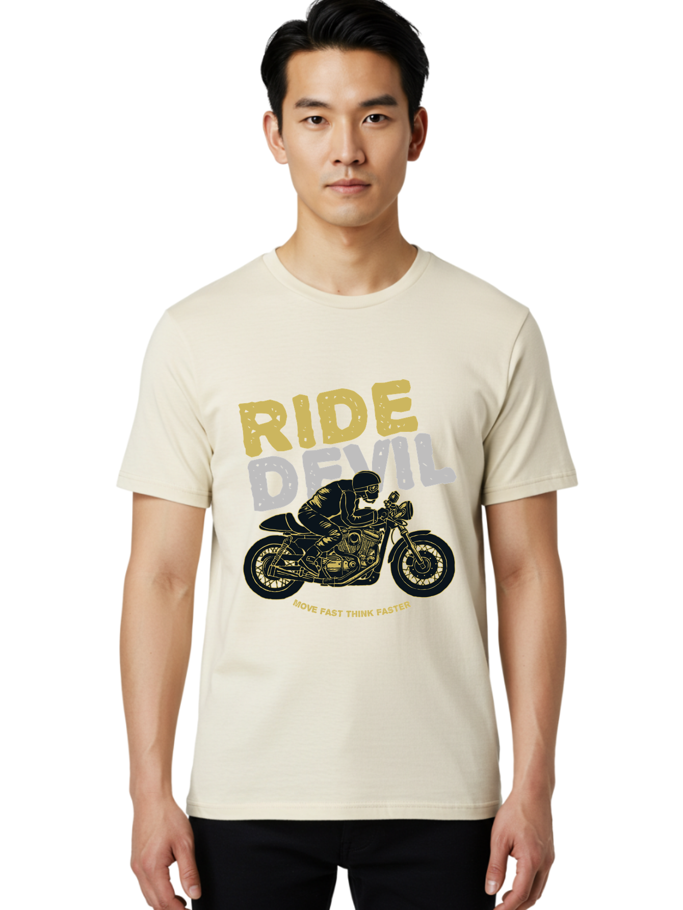 Ride Devil Men'S Graphic Tee, 100% Cotton, Comfortable Casual Summer Wear, Machine Washable, Motorcycle Rider, Devil May Care, Speed Demon, Fast Bike, Riding Gear, Motorcycle Culture, Biker Apparel, Ride Devil, Move Fast Think Faster Aae615