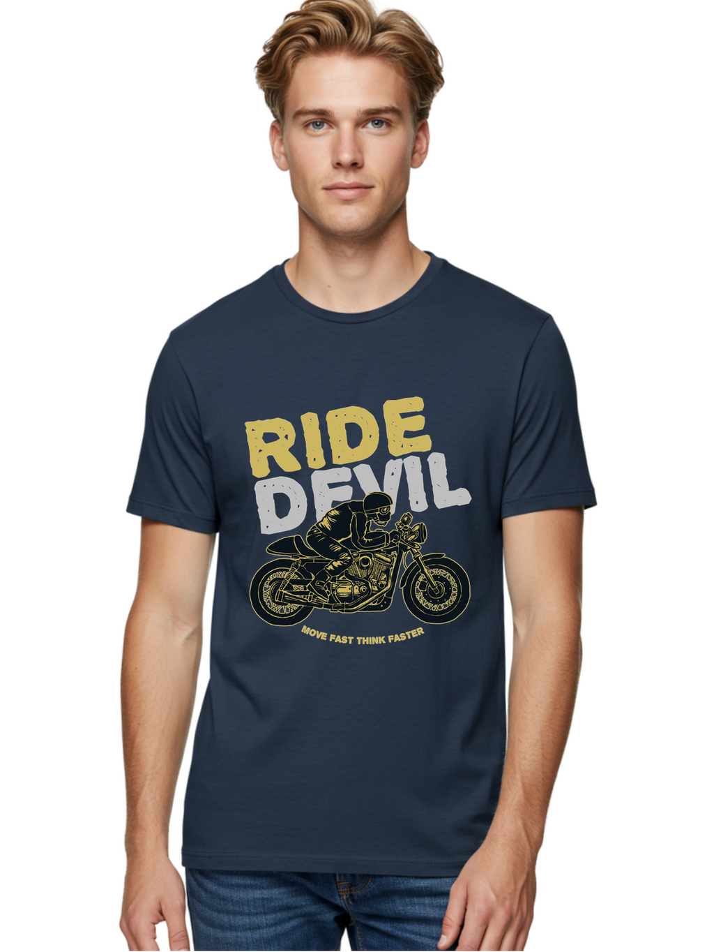 Ride Devil Men'S Graphic Tee, 100% Cotton, Comfortable Casual Summer Wear, Machine Washable, Motorcycle Rider, Devil May Care, Speed Demon, Fast Bike, Riding Gear, Motorcycle Culture, Biker Apparel, Ride Devil, Move Fast Think Faster Aae615