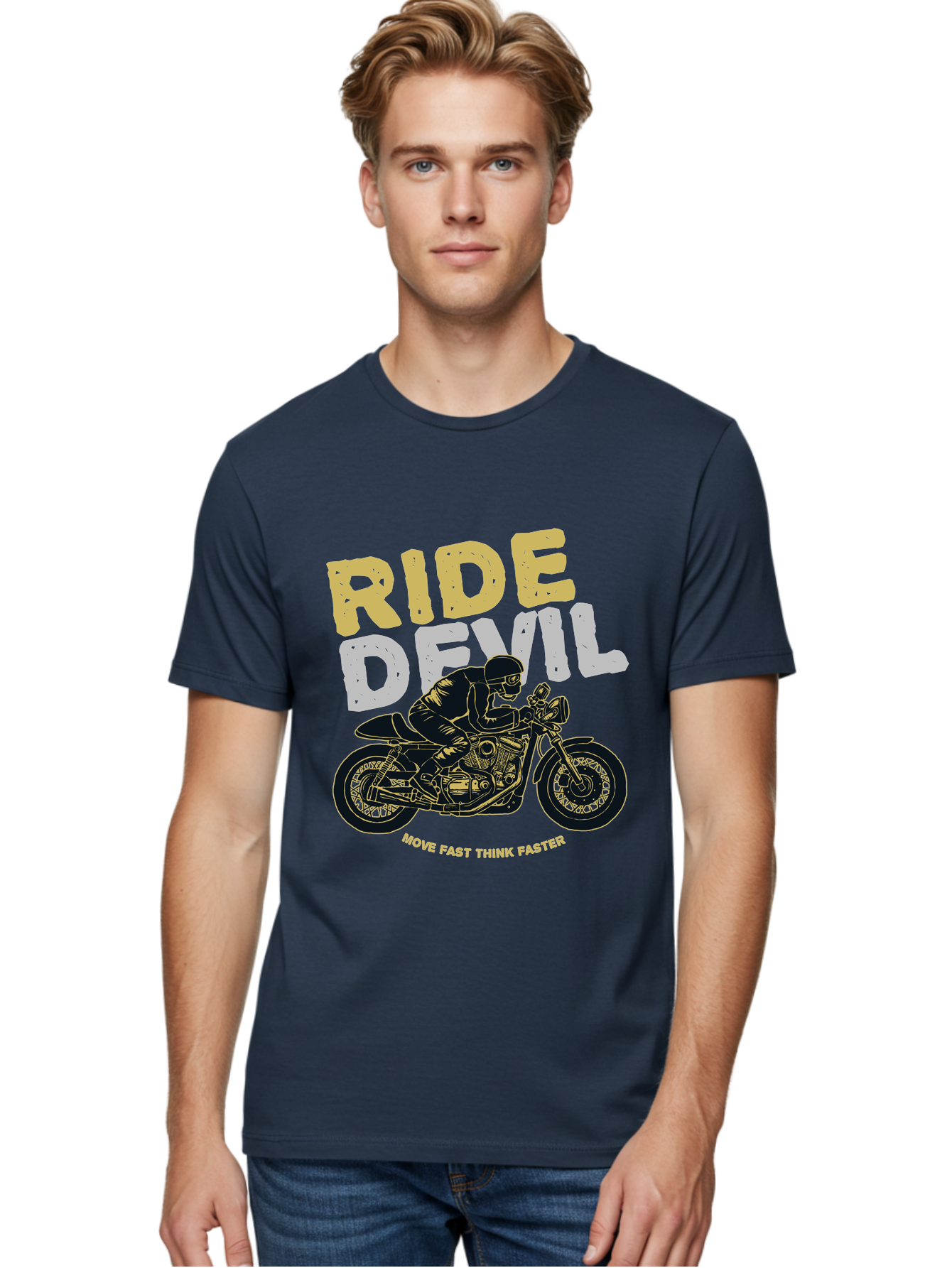 Ride Devil Men'S Graphic Tee, 100% Cotton, Comfortable Casual Summer Wear, Machine Washable, Motorcycle Rider, Devil May Care, Speed Demon, Fast Bike, Riding Gear, Motorcycle Culture, Biker Apparel, Ride Devil, Move Fast Think Faster Aae615