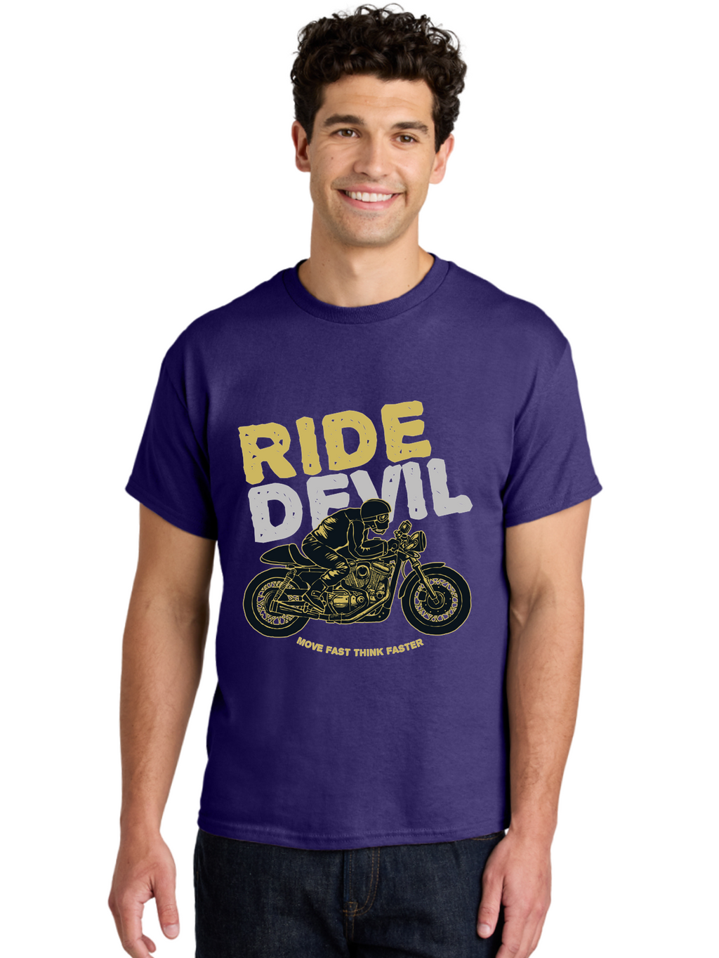 Ride Devil Men'S Graphic Tee, 100% Cotton, Comfortable Casual Summer Wear, Machine Washable, Motorcycle Rider, Devil May Care, Speed Demon, Fast Bike, Riding Gear, Motorcycle Culture, Biker Apparel, Ride Devil, Move Fast Think Faster Aae615