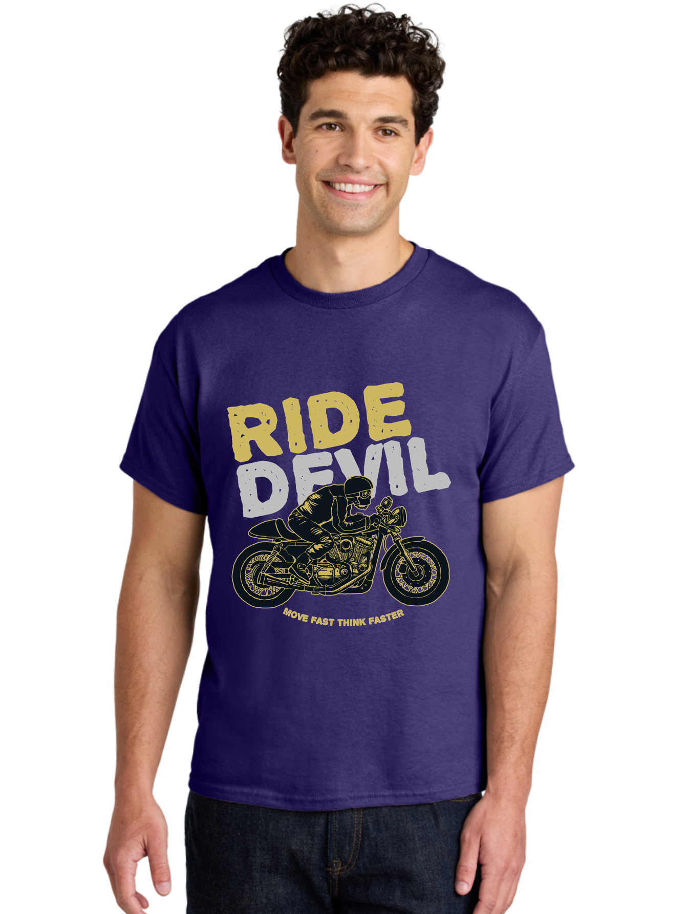 Ride Devil Men'S Graphic Tee, 100% Cotton, Comfortable Casual Summer Wear, Machine Washable, Motorcycle Rider, Devil May Care, Speed Demon, Fast Bike, Riding Gear, Motorcycle Culture, Biker Apparel, Ride Devil, Move Fast Think Faster Aae615