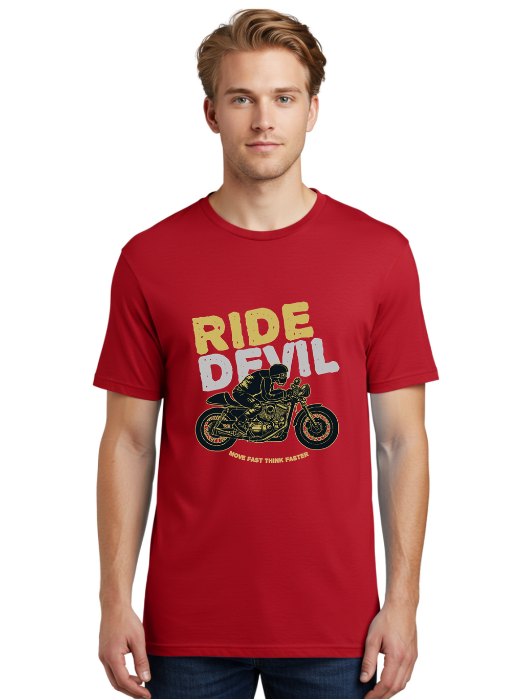 Ride Devil Men'S Graphic Tee, 100% Cotton, Comfortable Casual Summer Wear, Machine Washable, Motorcycle Rider, Devil May Care, Speed Demon, Fast Bike, Riding Gear, Motorcycle Culture, Biker Apparel, Ride Devil, Move Fast Think Faster Aae615