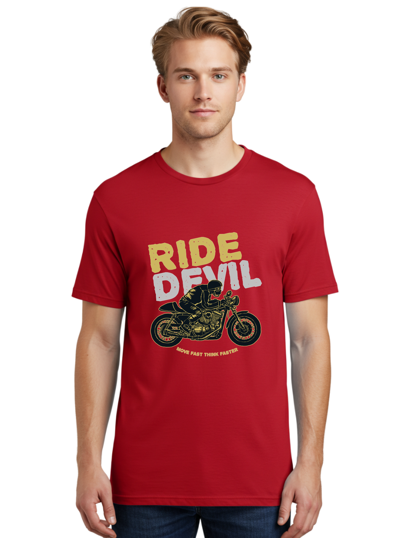 Ride Devil Men'S Graphic Tee, 100% Cotton, Comfortable Casual Summer Wear, Machine Washable, Motorcycle Rider, Devil May Care, Speed Demon, Fast Bike, Riding Gear, Motorcycle Culture, Biker Apparel, Ride Devil, Move Fast Think Faster Aae615
