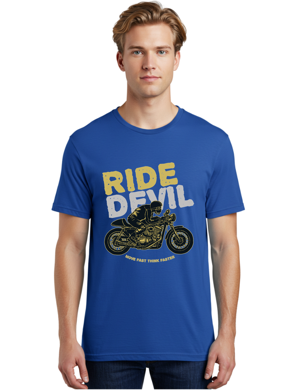 Ride Devil Men'S Graphic Tee, 100% Cotton, Comfortable Casual Summer Wear, Machine Washable, Motorcycle Rider, Devil May Care, Speed Demon, Fast Bike, Riding Gear, Motorcycle Culture, Biker Apparel, Ride Devil, Move Fast Think Faster Aae615
