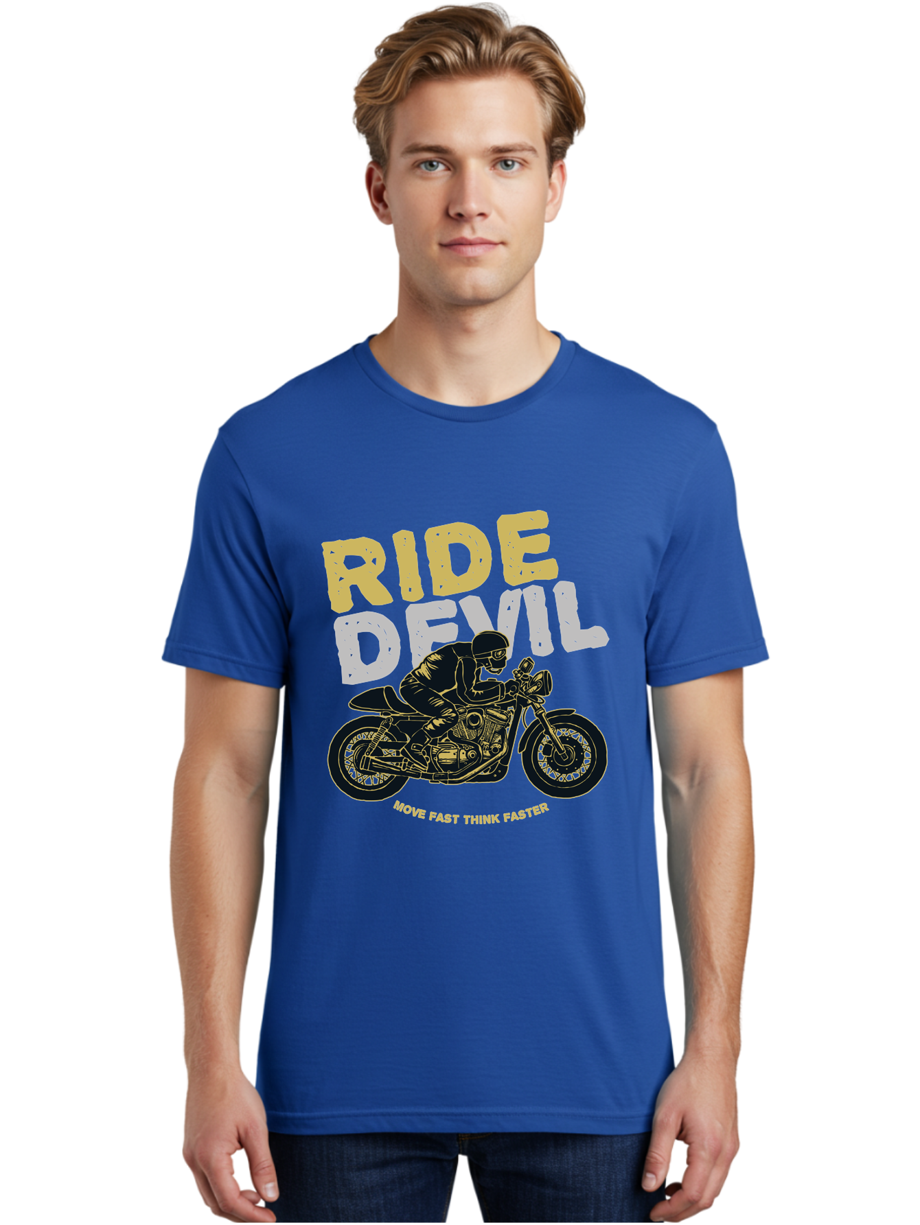 Ride Devil Men'S Graphic Tee, 100% Cotton, Comfortable Casual Summer Wear, Machine Washable, Motorcycle Rider, Devil May Care, Speed Demon, Fast Bike, Riding Gear, Motorcycle Culture, Biker Apparel, Ride Devil, Move Fast Think Faster Aae615