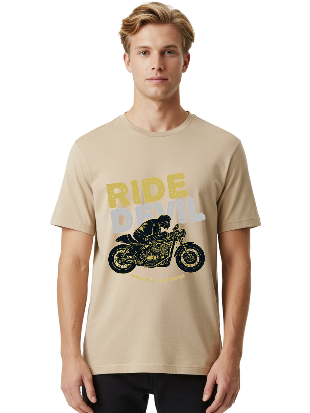 Ride Devil Men'S Graphic Tee, 100% Cotton, Comfortable Casual Summer Wear, Machine Washable, Motorcycle Rider, Devil May Care, Speed Demon, Fast Bike, Riding Gear, Motorcycle Culture, Biker Apparel, Ride Devil, Move Fast Think Faster Aae615