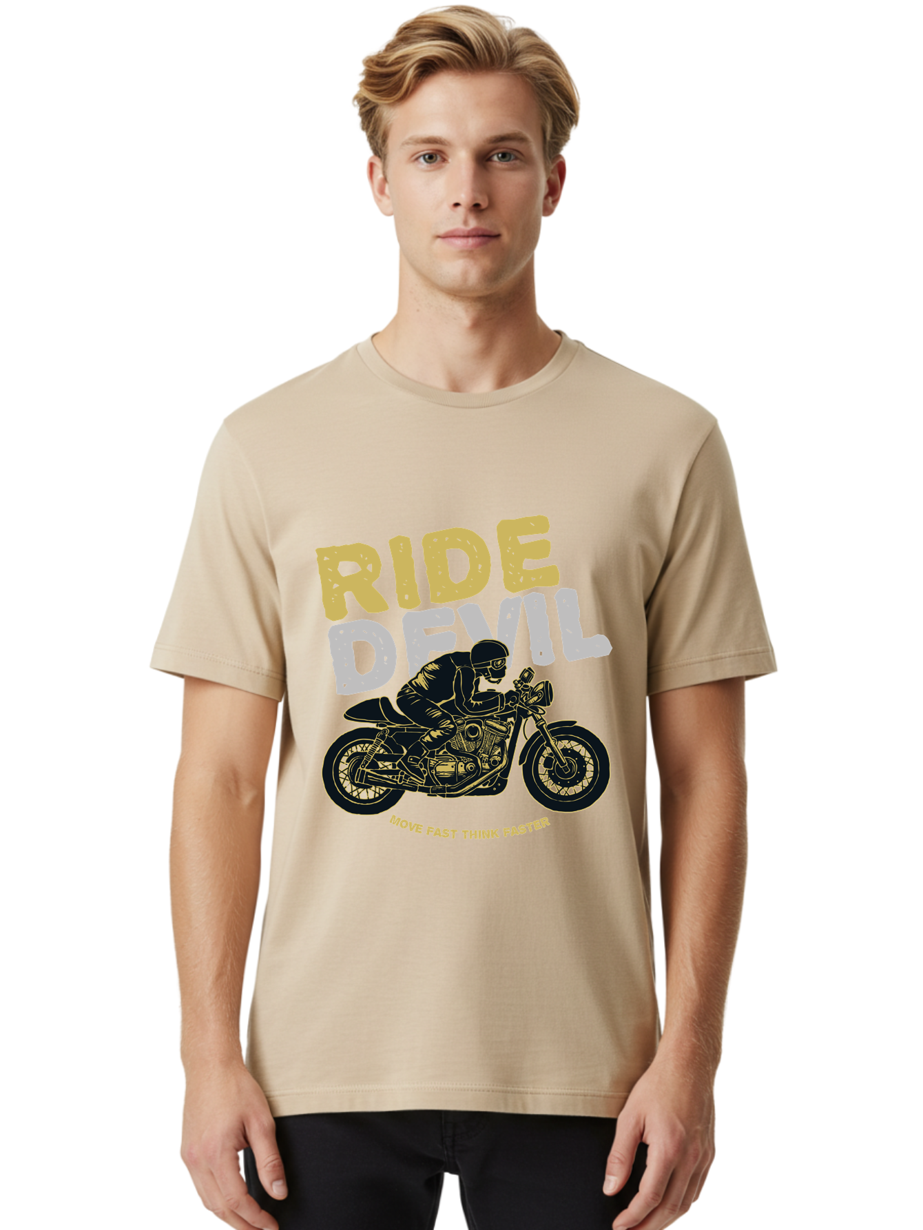 Ride Devil Men'S Graphic Tee, 100% Cotton, Comfortable Casual Summer Wear, Machine Washable, Motorcycle Rider, Devil May Care, Speed Demon, Fast Bike, Riding Gear, Motorcycle Culture, Biker Apparel, Ride Devil, Move Fast Think Faster Aae615